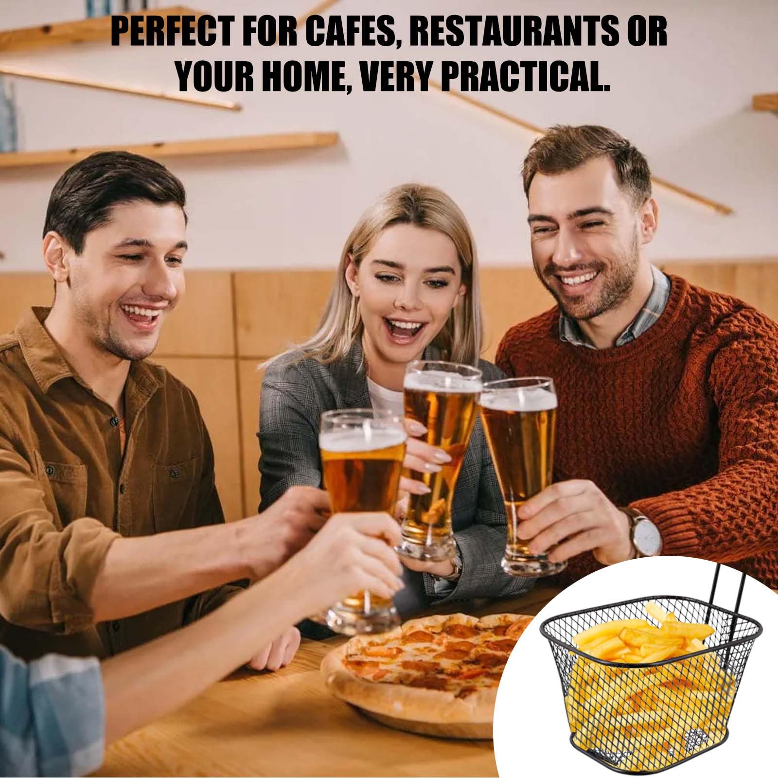Lot de 12 petits paniers à frites en acier inoxydable avec poignée - Noir - Panier de service pour frites, crevettes, rondelles d'oignon