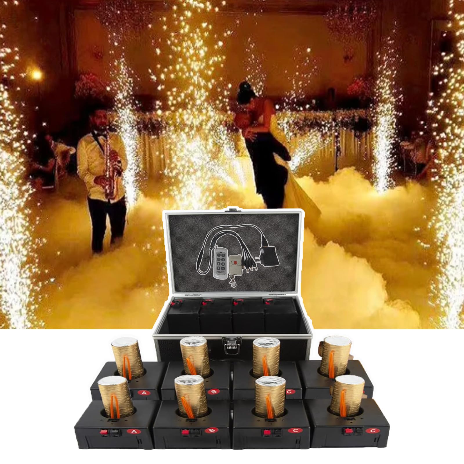 Macchina per Effetti Pirotecnici,Telecomando Senza Fili,con 8 Ricevitori per Fuochi D'artificio Freddi,Portata 10M,con 2 Telecomandi E 8 Basi,per Matrimoni,Palcoscenici,Concerti,8Pezzi,kit2