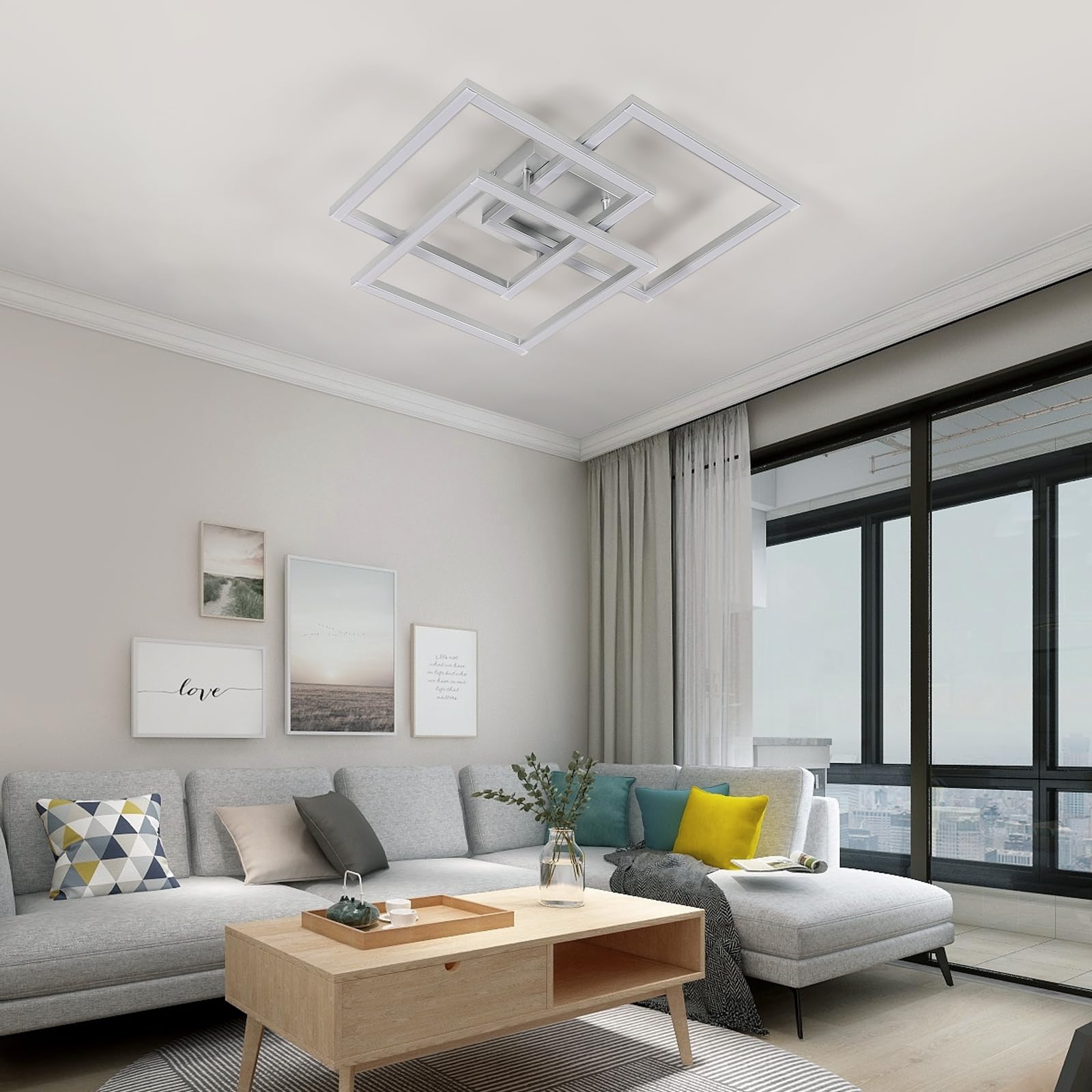 DELIPOP Plafoniera LED Soffitto Dimmerabile 3000K-6500K, Lampadario Camera da Letto Moderno 40W 4500LM, Lampada da Soffitto Argenteo Quadrata per Soggiorno, Camera da Letto, Sala da Pranzo