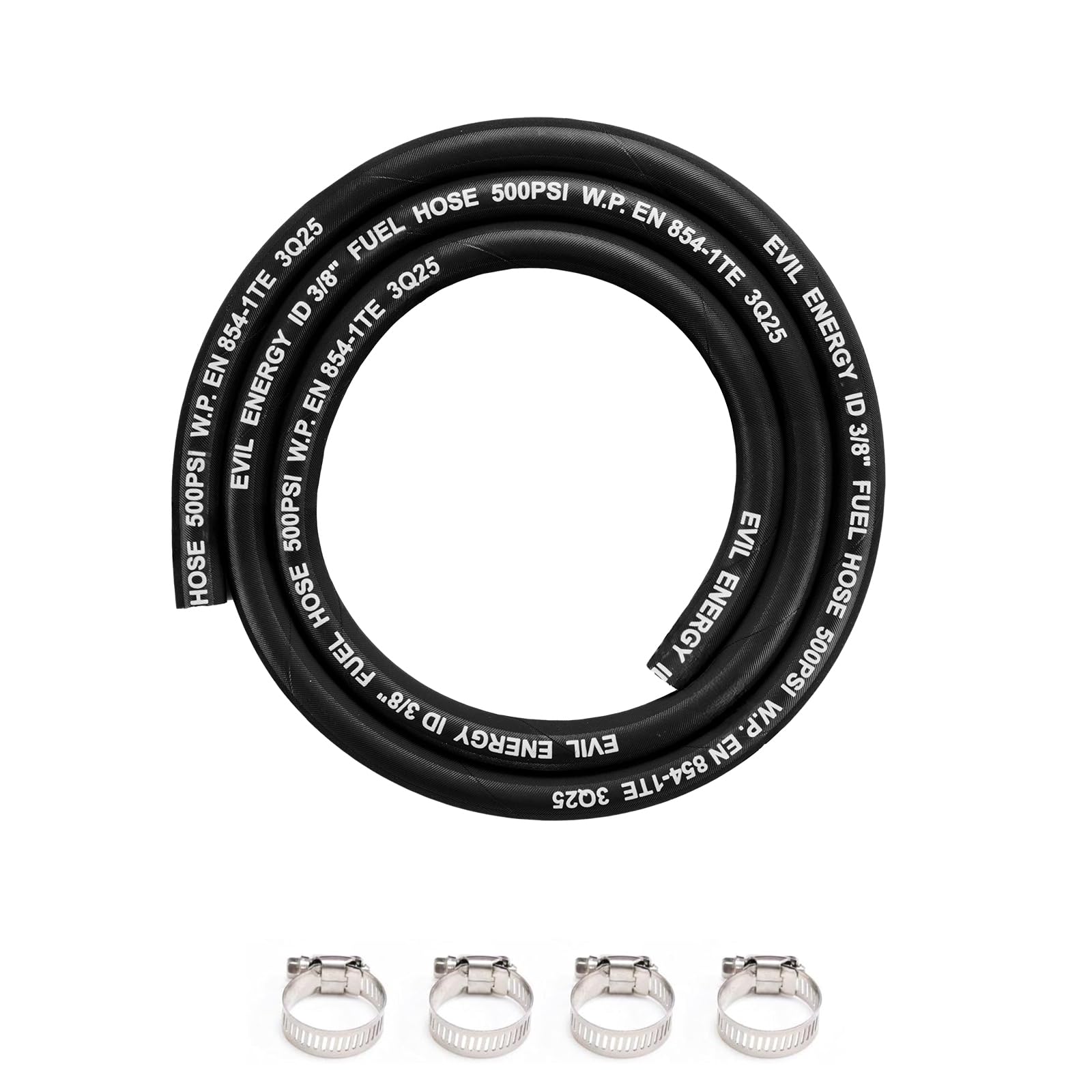 EVIL ENERGY 3/8" High Pressure Fuel Line Hose 5FT 500PSI E85 for Fuel Systems Engines NBR Rubber EN854-1TE Black