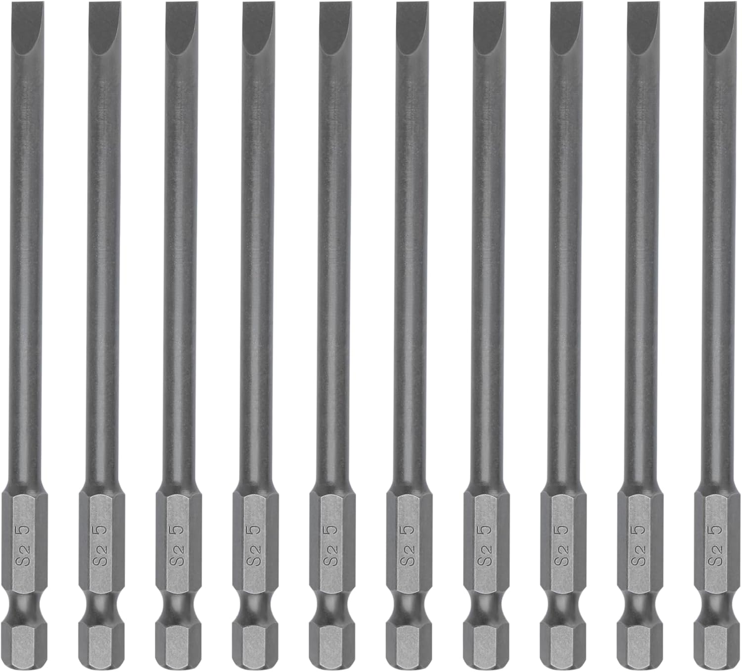 10 Piece 4'' SL5 Magnetic Slotted Screwdriver Bits, S2 Steel 5mm Flat Head, 1/4 Inch Hex Shank