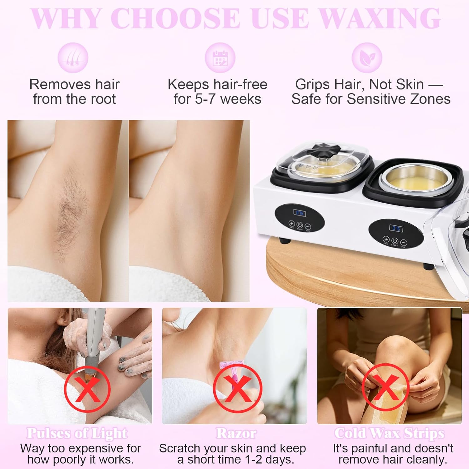 Beauty Star Digital Double Wax Warmer Machine - Hard Wax Pot Heater, Professional Kit with 2 Silicone Bowls, 40 Waxing Sticks & 4 Gloves for Hair Removal at Home, Salon or Spa for Women