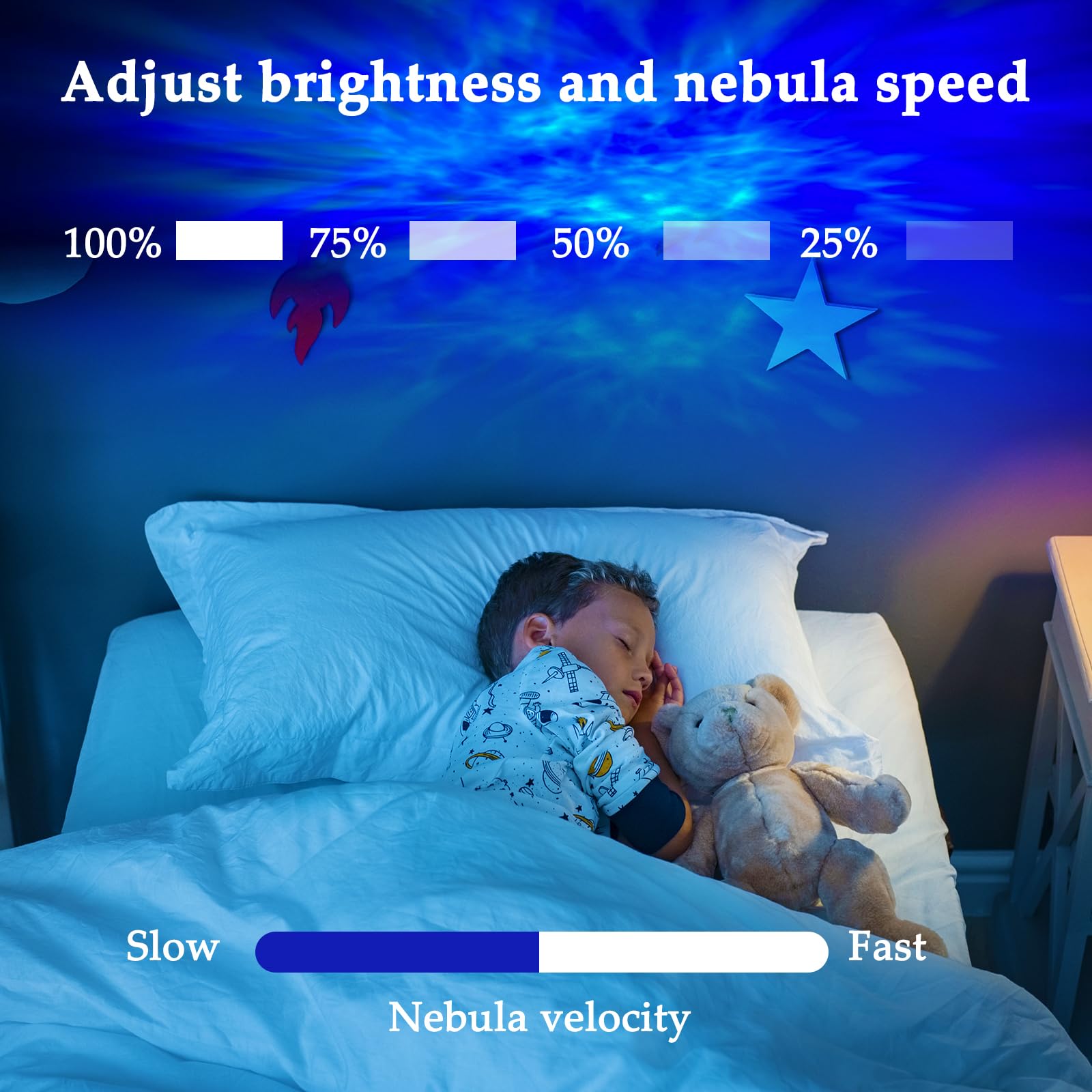 Lampada LED Gatto Astronauta Proiettore Stelle,Proiettore Lampada LED Ricaricabile per Bambini Girevole a 360°,Luce Notturna Neonato Soffitto Con 12 Effetti Di Luce,Telecomando,Cavo Dati USB