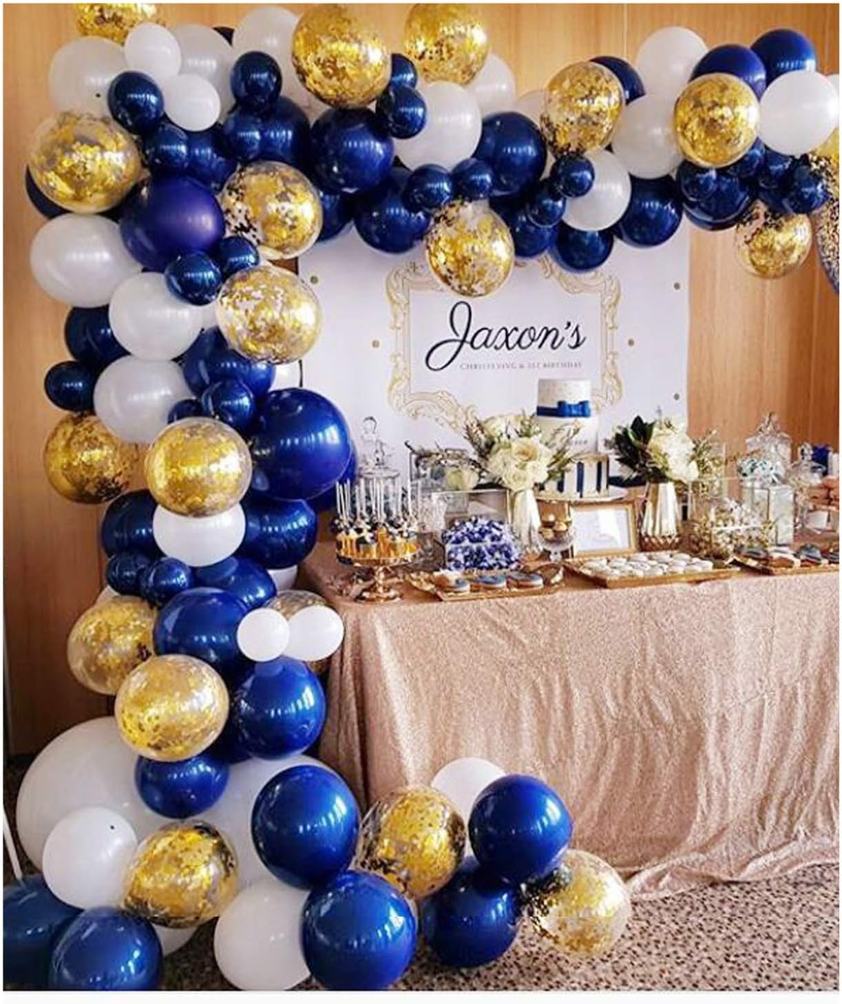 Soonlyn Navy Blue Gold Balloon Garland 130 Pcs 12 Inch Confetti Balloons Matte White Latex Balloon Arch Kit with Balloon Accessories for Baby Shower 1st Birthday Wedding Party