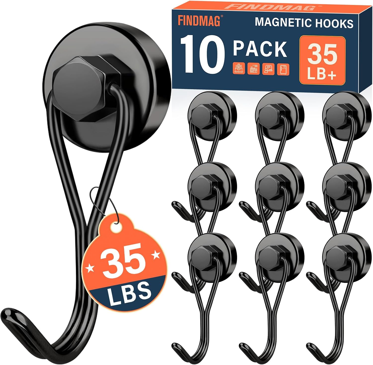 FINDMAG 10 Pack Black Magnetic Hooks for Cruise Cabins, 35LB+ Magnet Hooks