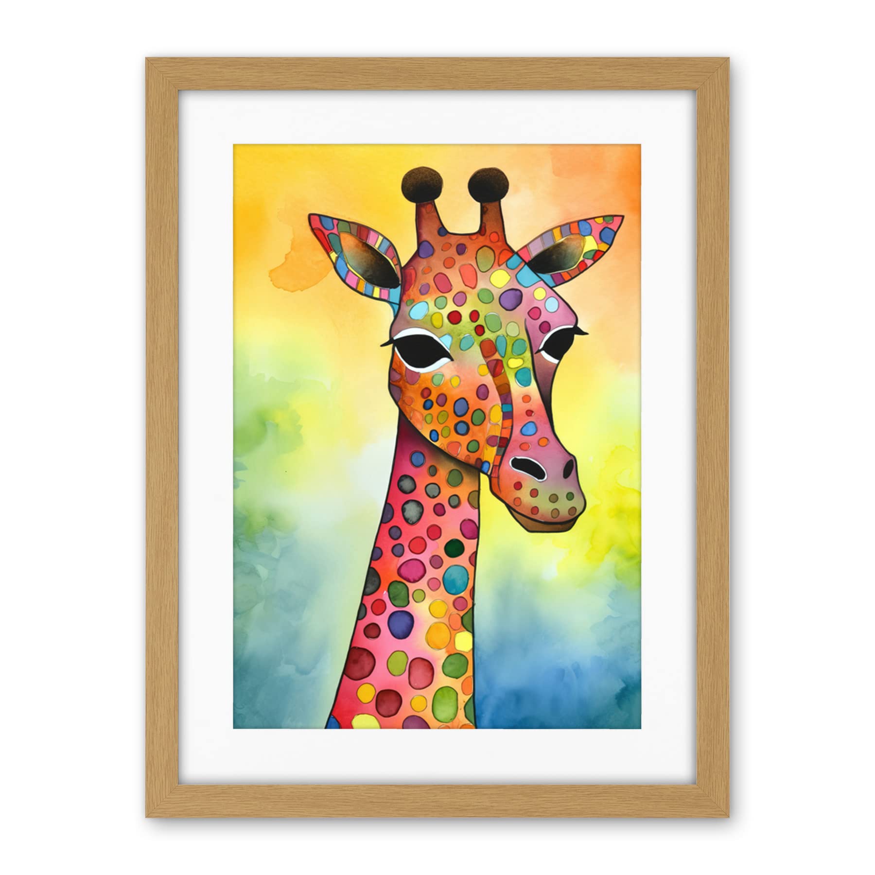 Artery8 Giraffe With Multicolour Pattern Folk Art Watercolour Painting Artwork Framed Wall Art Print 18X24 Inch