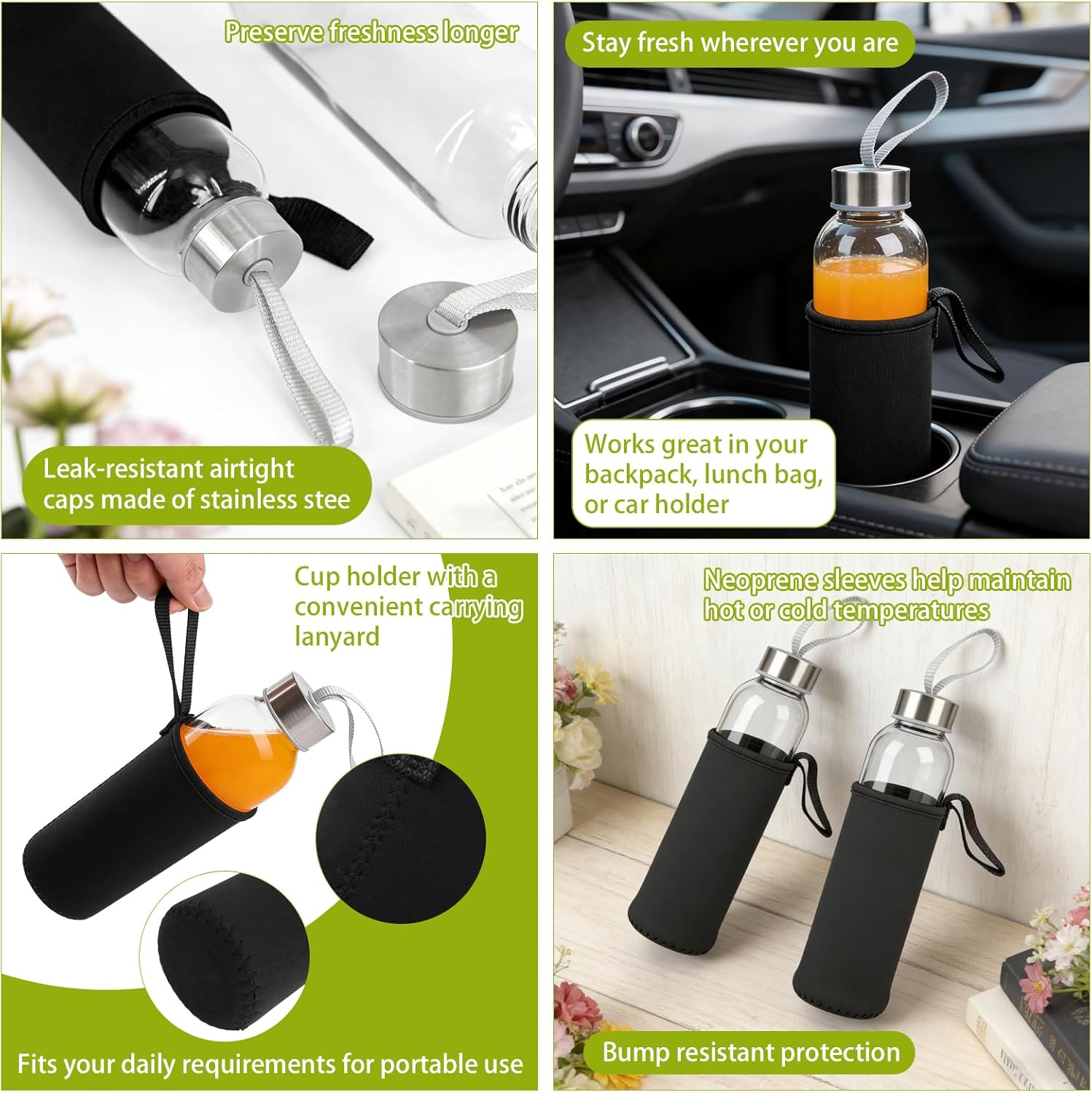 18 Pcs 18 oz Clear Glass Water Bottles Set with Cleaning Brushes and Funnel, Stainless Steel Lids and Protection Sleeve Reusable Glass Juicing Bottles for Milk, Smoothie, Juice (Black)