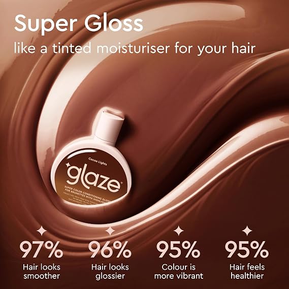 glaze Hair Shine Bundle Super Gloss Cocoa Lights Color Conditioning Gloss & Mirror 4-in-1 Super Sleek Shine Spray For Brown Hair with Highlights