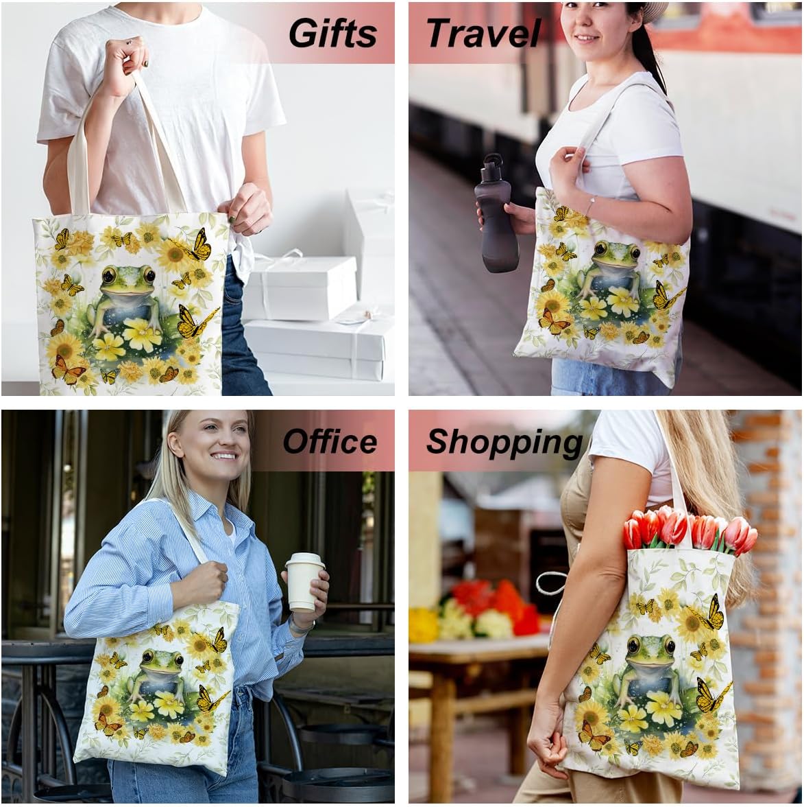 Frog Decor Canvas Tote Bag for Women - Cute Beach & Christmas Gifts - Reusable Grocery Bags - Image 4