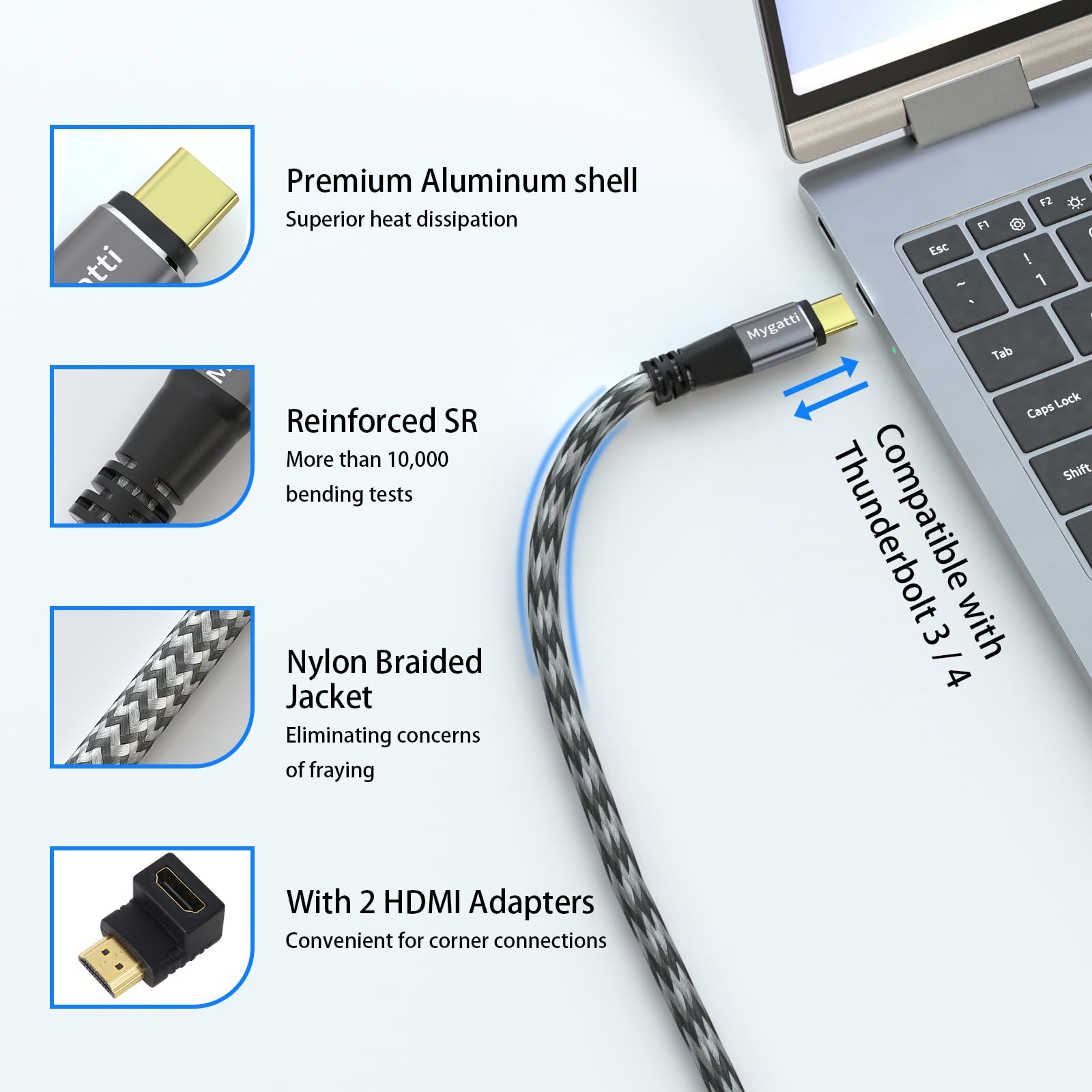 Cavo da USB C a HDMI 4K UHD 7.5 metri,compatibile con Thunderbolt 4/3,con adattatore HDMI ad angolo di 90 gradi e 270 gradi,compatibile con iPhone 15/16/17,MacBook,iPad