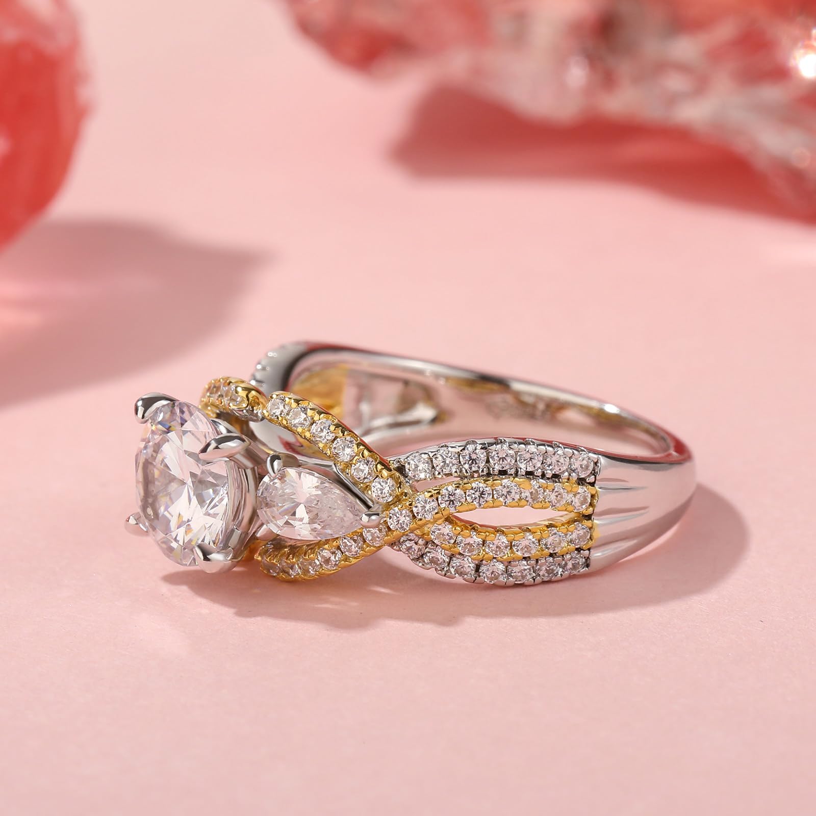 Jeulia Bague de proposition en argent sterling pour femme : deux tons floral taille ronde diamant éternité bague de fiançailles promesse mariage bague de fiançailles anniversaire bijoux cadeau