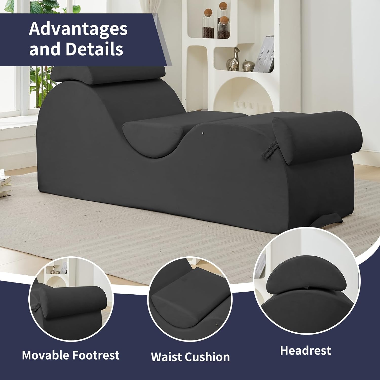 ijuicy 25" Wide Chaise Lounge Chair, Modern S-Shaped Floor Lounger with Adjustable Headrest & Lumbar Support, Movable Footrest, Side Pockets, Non-Slip Bottom - High Density Sponge, Dark Grey