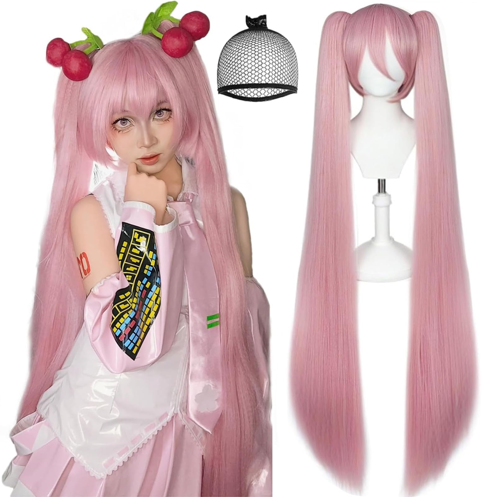 Wig 120cm Long Straight Ponytails Wig Pink Cosplay Wig With Bangs for Halloween Synthetic Hair for Custome Party