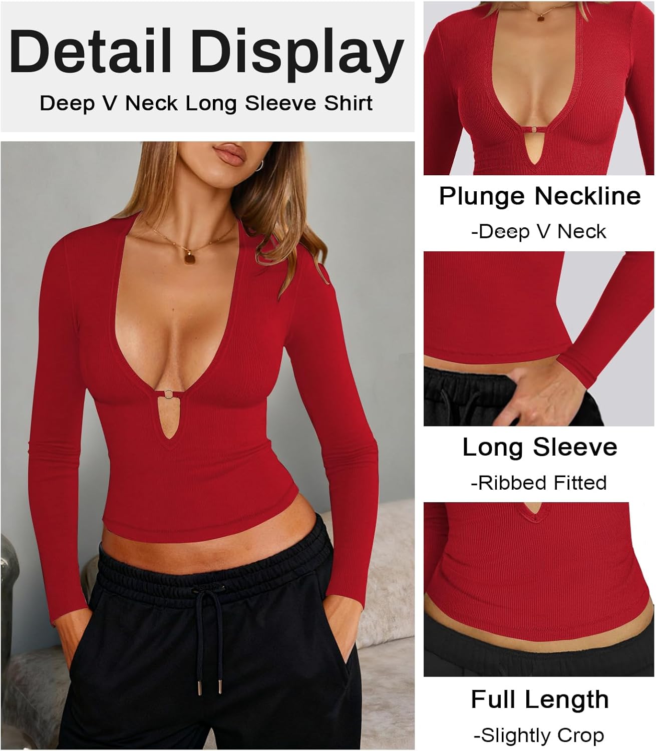 Women's Long Sleeve Deep V Neck Shirt Ribbed Knit Going Out Tops for Women Slim Fit Crop Trendy Y2k Casual Tight Shirts - Image 4