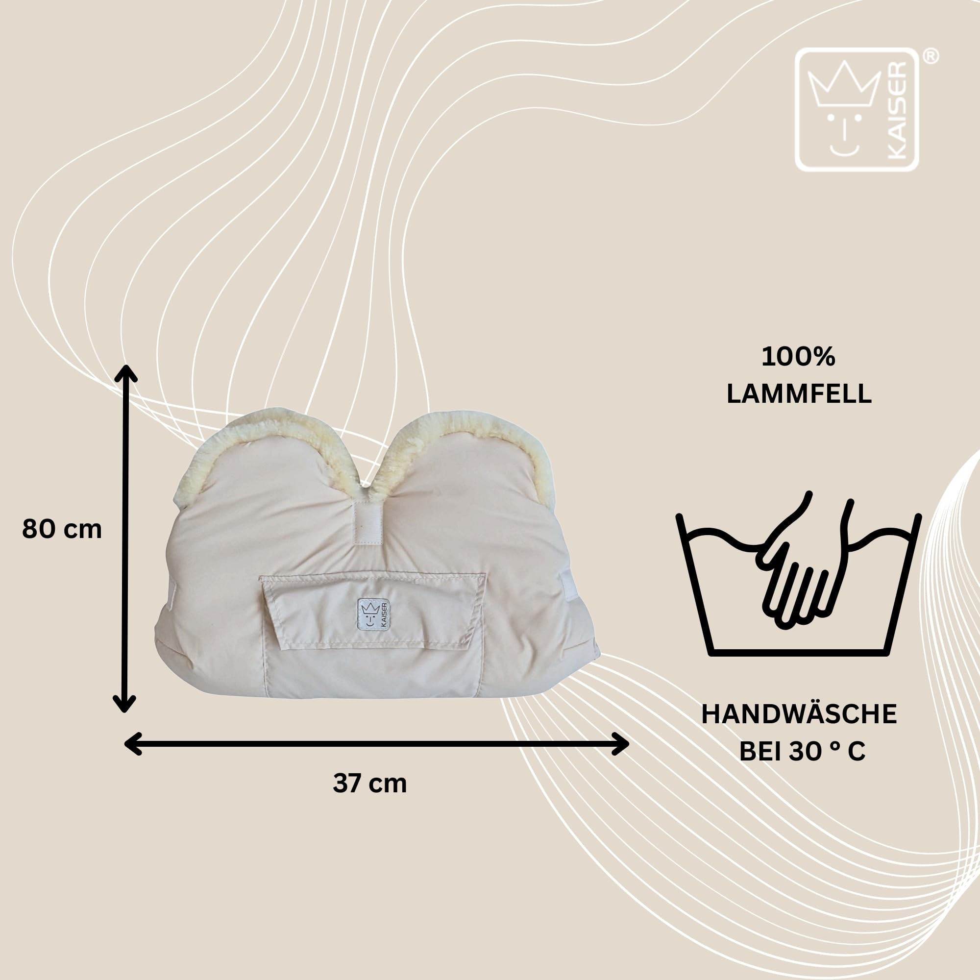 Lammfell Handwärmer für Kinderwagen, 45 x 22 cm, Schaffell Innenfutter, Wasserabweisend, mit Handytasche (cream)