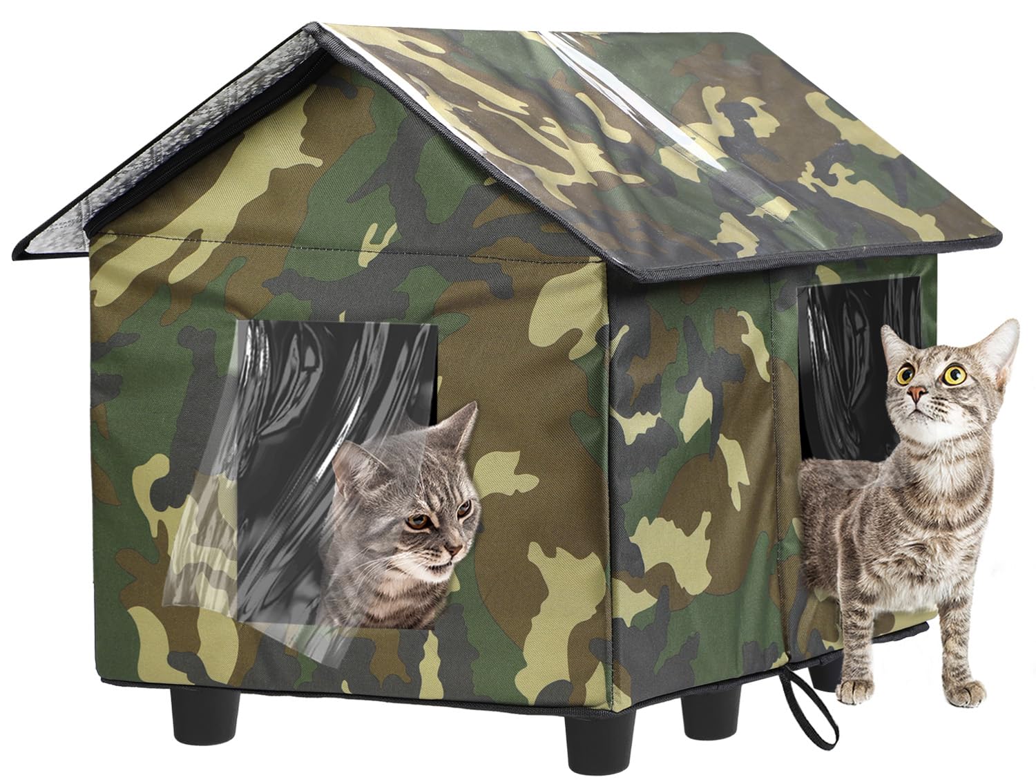 Large Elevated Cat House for Outdoor - Weatherproof Feral Cat Shelters for Winter with Escape Door, Waterproof Camouflage Insulated Pet House for Keeping Outdoor Cats Warm, Green