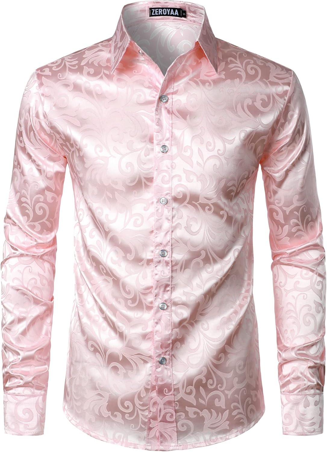 ZEROYAA Men's Luxury Jacquard Long Sleeve Dress Shirt Shiny Satin Slik Like Wedding Party Prom Shirts - Image 3