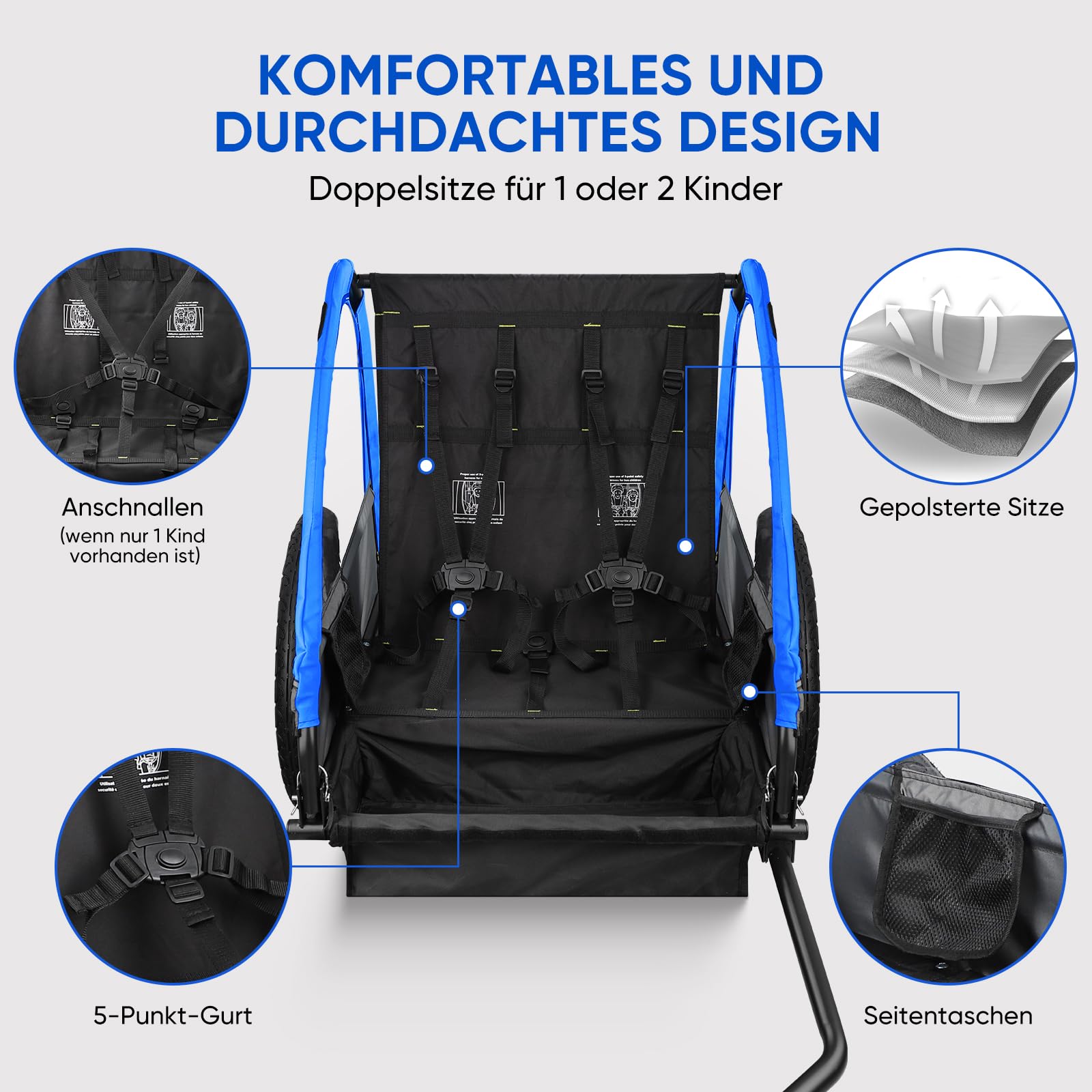 SEPNINE Kinderanhänger für Fahrrad, Fahrradanhänger für 1-2 Kinder, mit 5-Punkt-Sicherheitsgurt, Luftreifen, Handbremse, Faltbar, Max. 40 kg (Dunkelblau)