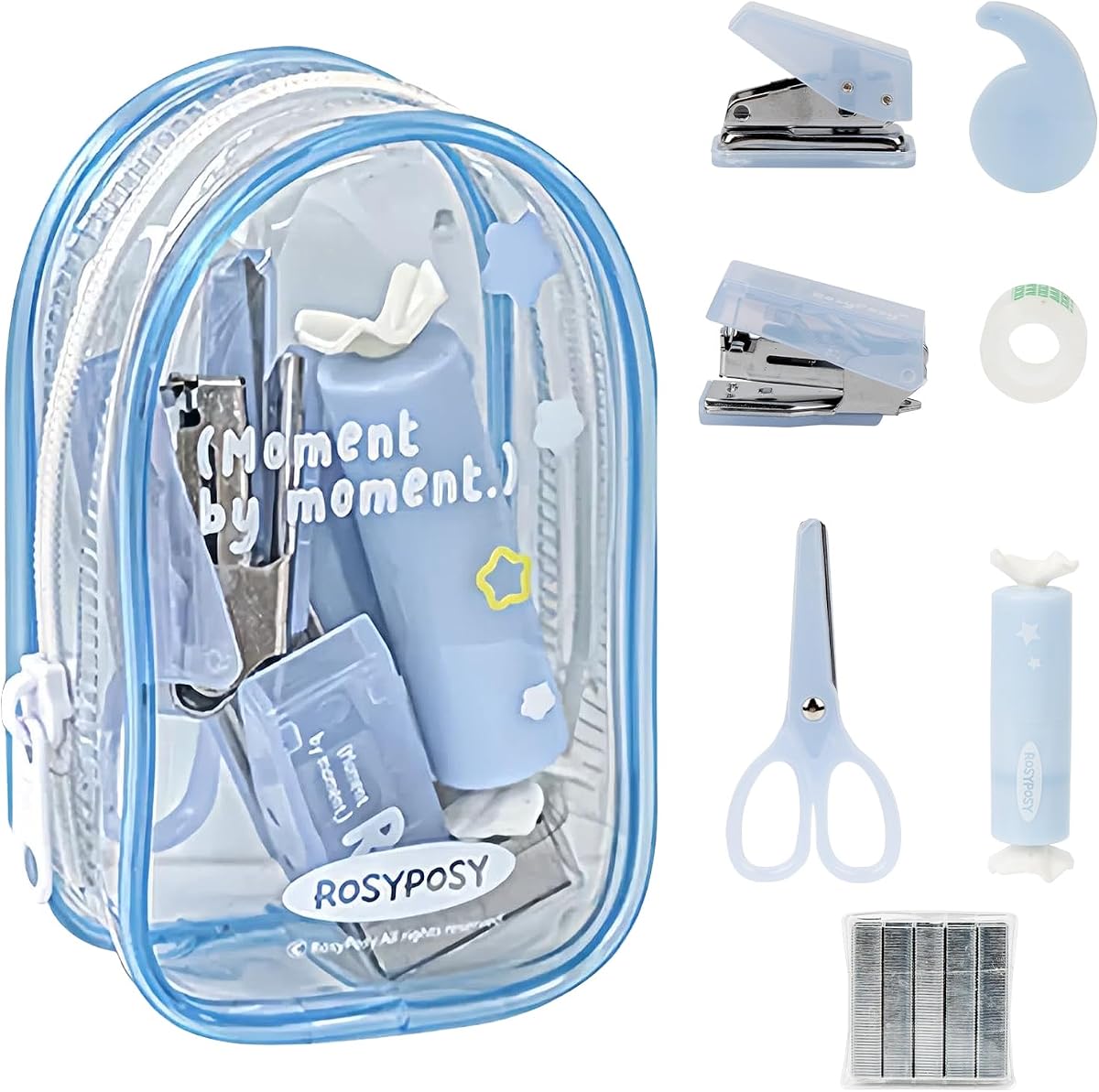 7-Piece Office Supplies Kit Set - Portable Mini Stationery Organizer with Compact Scissors & Hole Punch for Office Work, School Supplies & Desk Accessories