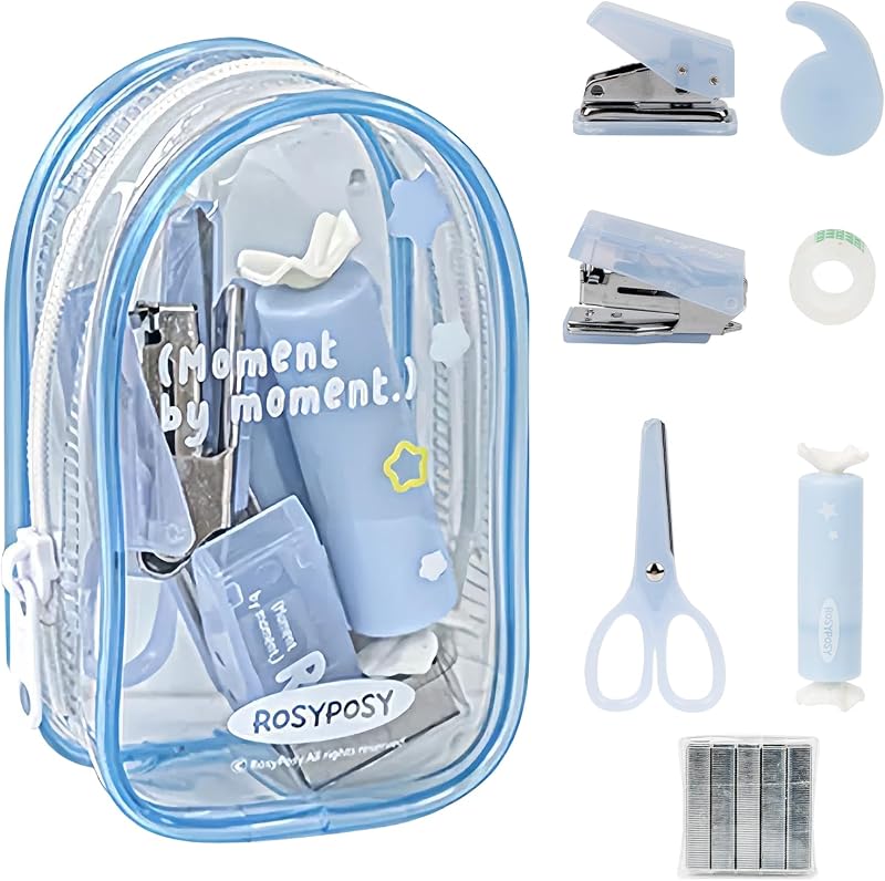 7-Piece Office Supplies Kit Set - Portable Mini Stationery Organizer with Compact Scissors & Hole Punch for Office Work, School Supplies & Desk Accessories