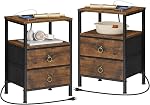 HOOBRO Table de chevet avec station de recharge, Table de nuit avec 2 Tiroirs en tissu, Table latérale avec sortie et USB Ports, EndTable avec rangement ouvert et caché, Rustic Brown BF110UBZ01