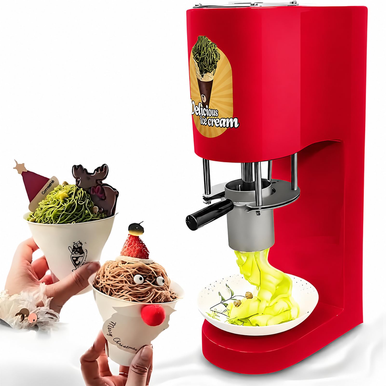 LYJIANGXIN Commercial Ice Cream Spaghetti Machine, 80W Electric Noodle Ice Cream Maker with 4 Interchangeable Molds, High Capacity Soft Serve Dessert Machine for Cafés & Restaurants