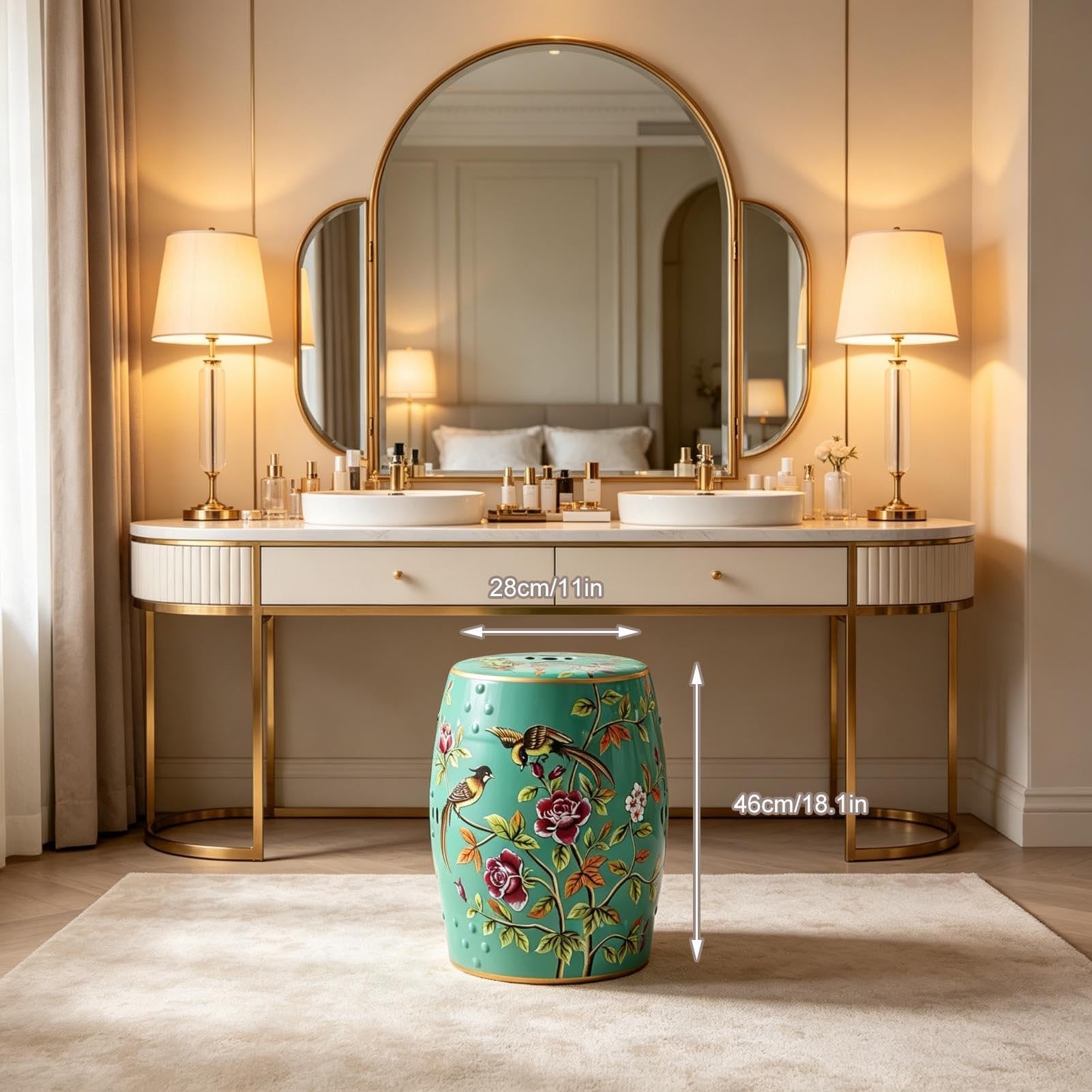 Ceramiczny Stołek Ogrodowy, Stołek Perkusyjny Z Motywem Kwiatowego Ptaka Chinoiserie, Stolik Boczny Z Akcentem Na Patio Na Zewnątrz, Do Salonu, Ogrodu, Balkonu(Green)