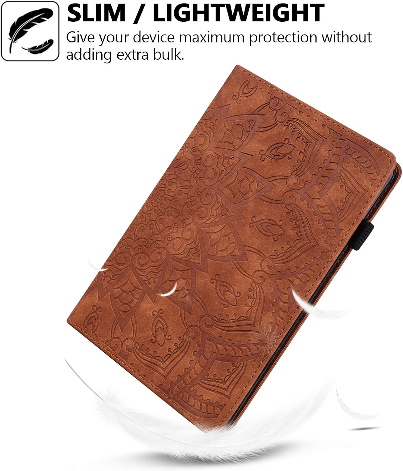 Case for Amazon Fire HD 8 2024 2022 2020/8 Plus 12th 10th Gen, Techcircle Mandala Embossed PU Leather Folio Stand Soft TPU Back Cover Slim Lightweight Elastic Band Protective Case w/Card Slots, Brown