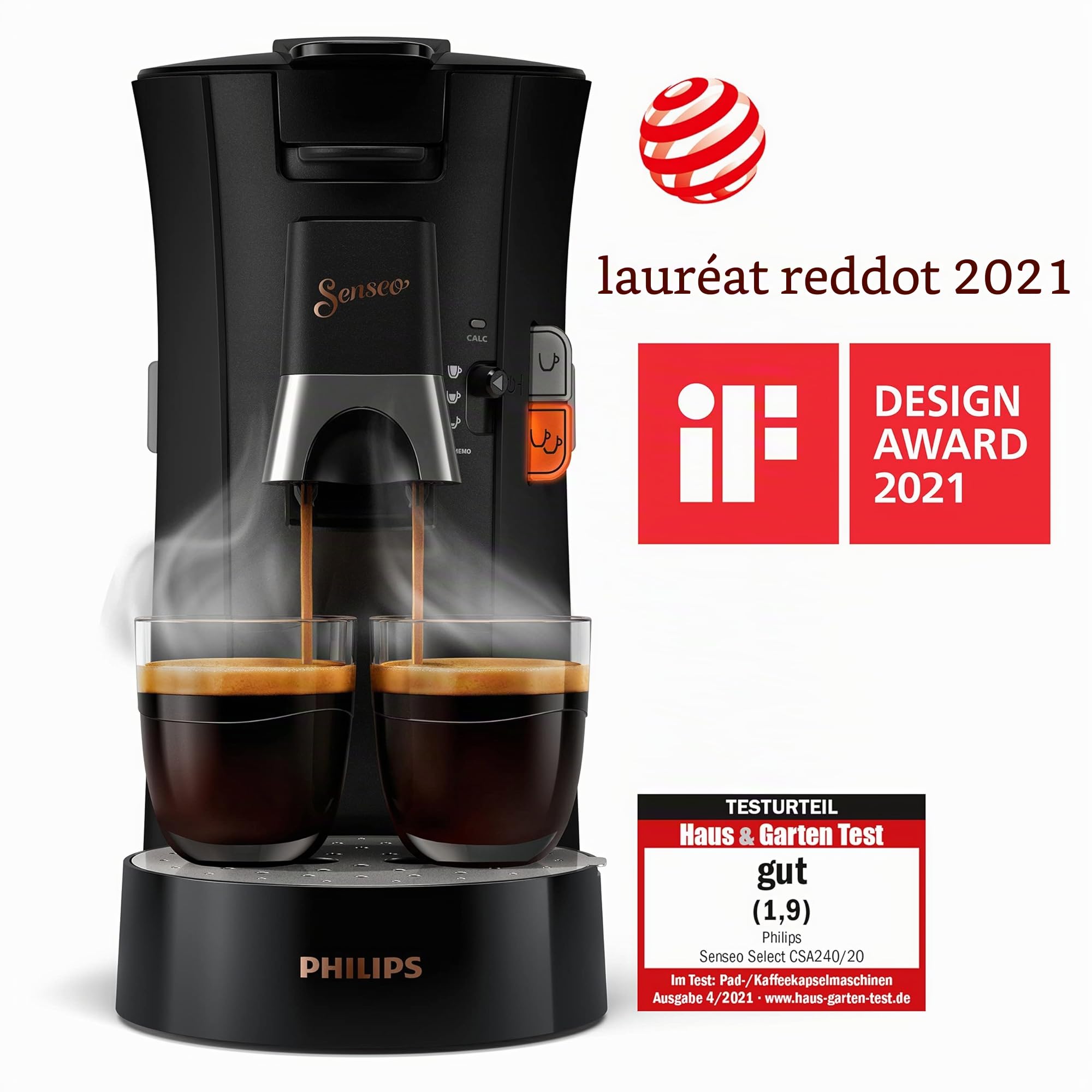 Philips Domestic Appliances Senseo Select CSA240/60 Machine à café à dosettes, Sélection de l'épaisseur du café Plus, fonction mémo, en plastique recyclé, Noir