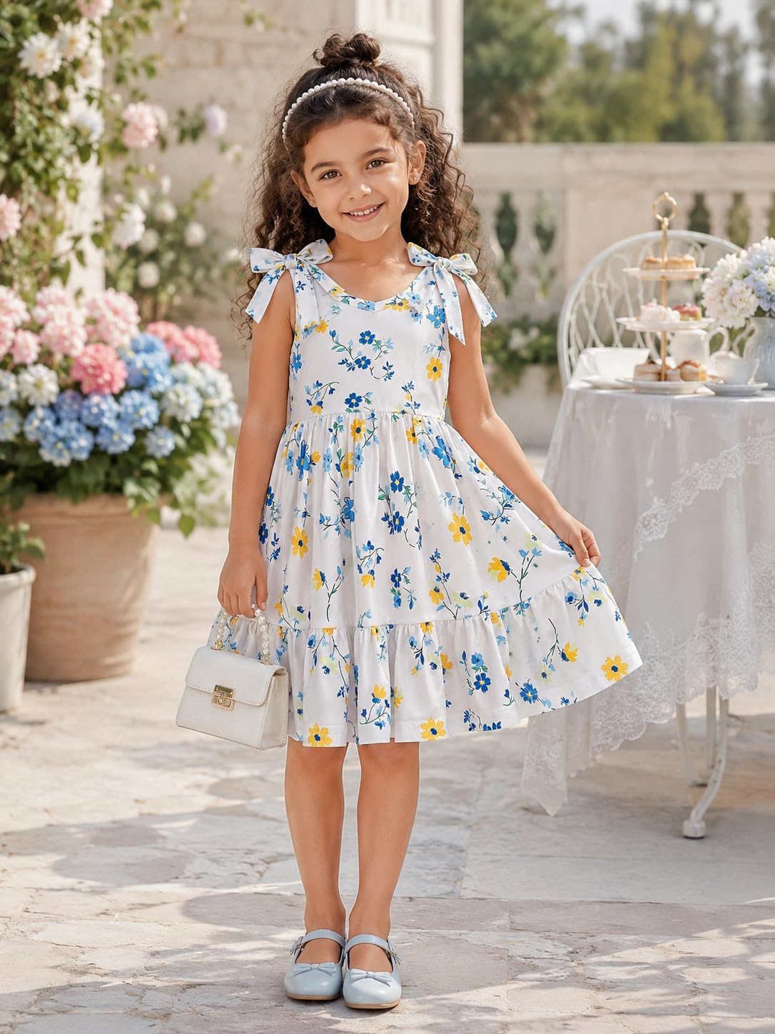 Toddler Girls Summer Dress Bow-Tie Straps V Neck Party Dresses Cute Floral Printed Sleeveless Beach Sundress