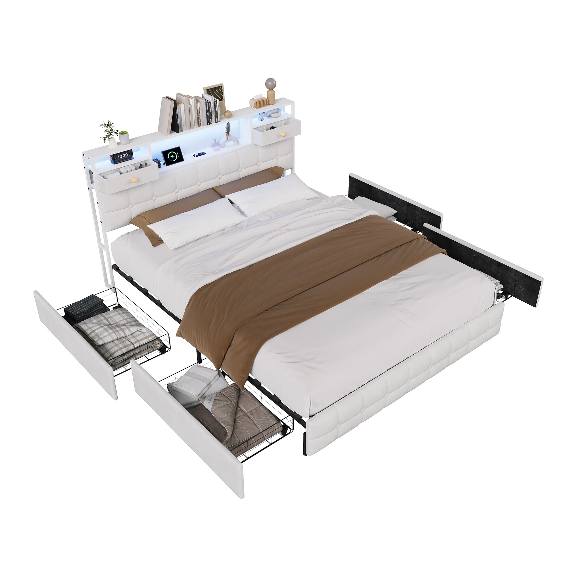 Letto imbottito 160 x 200 cm con LED e USB, telaio del letto con 4 cassetti, letto per adolescenti 160 x 200 cm con vano contenitore, letto matrimoniale con rete a doghe, telaio del letto