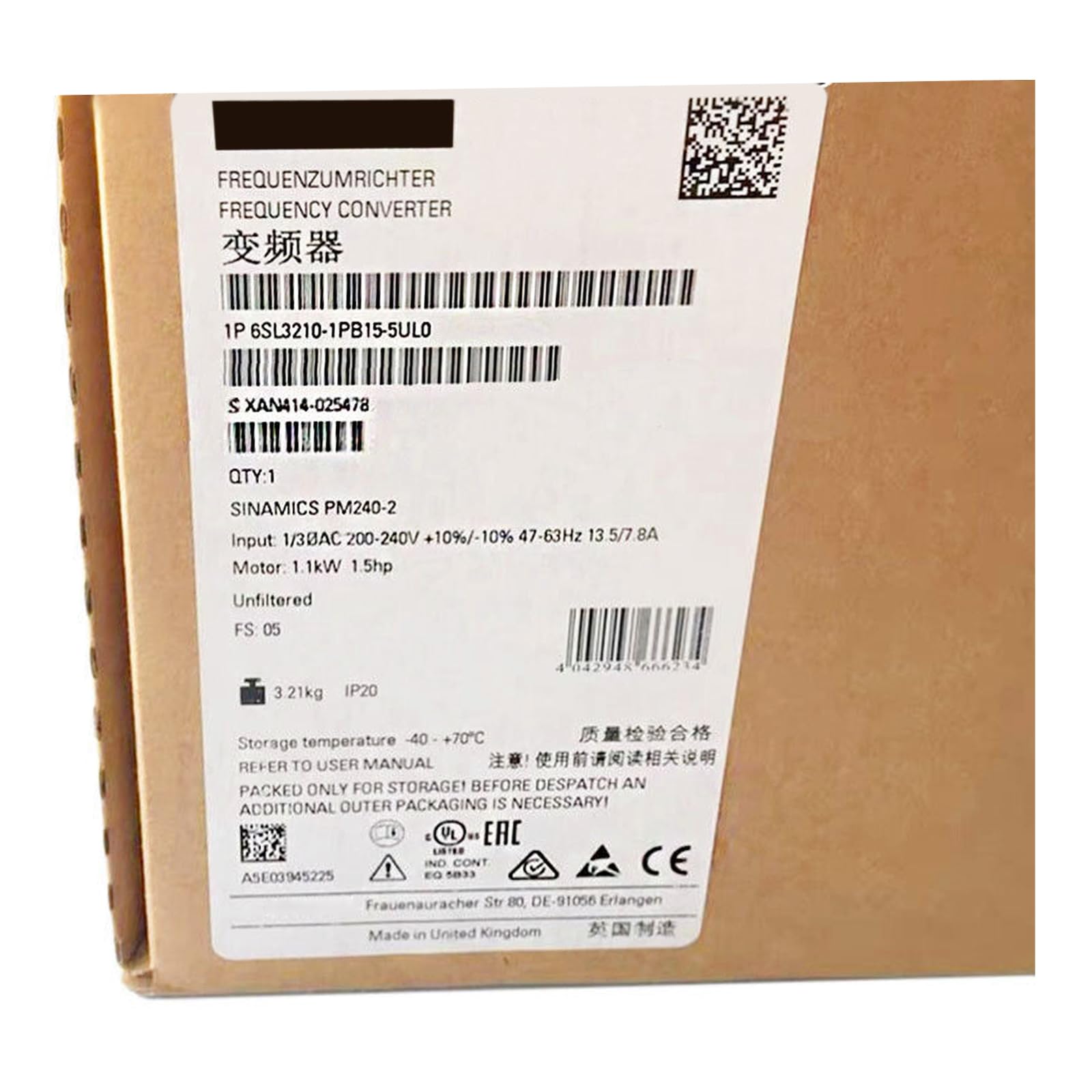 6SL3210-1PB15-5UL0 Siemens SINAMICS V20 variateur de vitesse scellé avec garantie 1 an