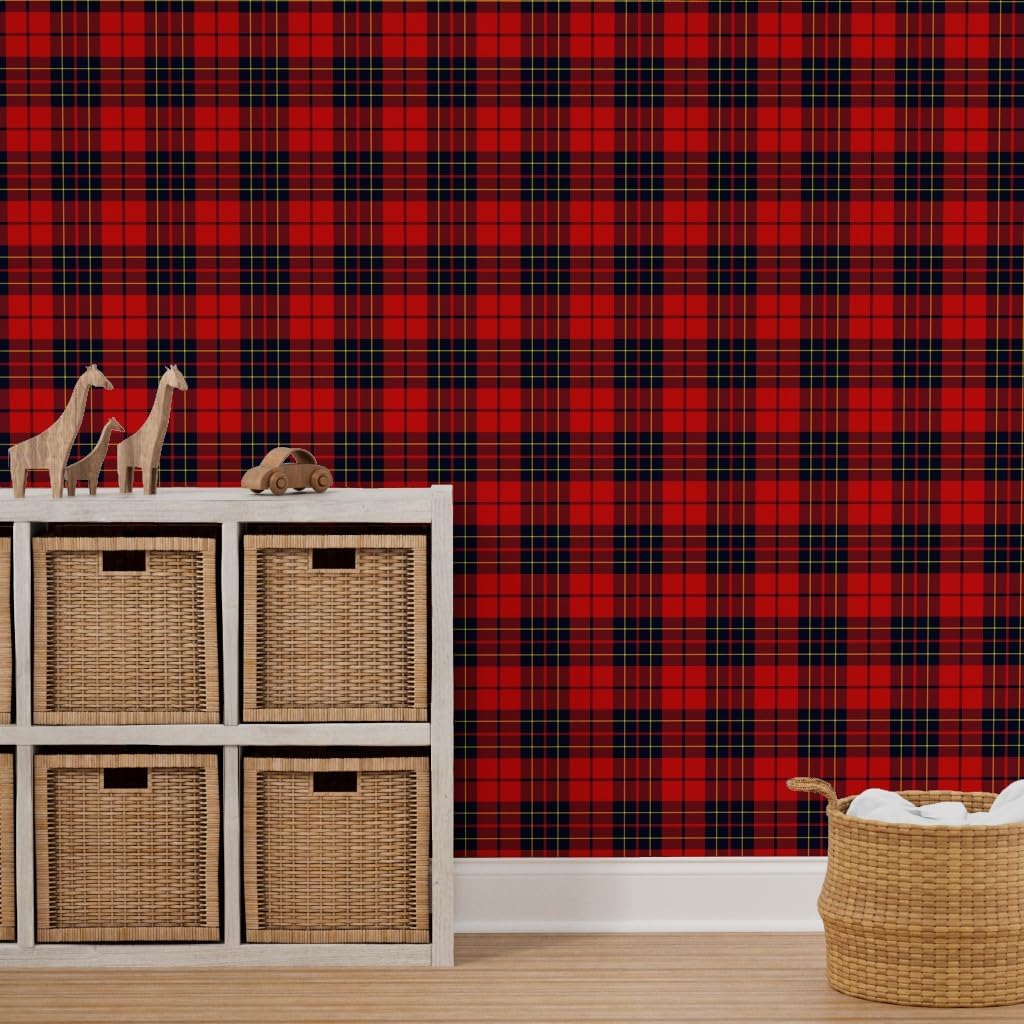 Peel & Stick Wallpaper 3ft x 2ft - Tartan Red Scottish Plaid Classic Black Yellow Rustic Home Decor Check Striped Custom Removable Wallpaper by Spoonflower