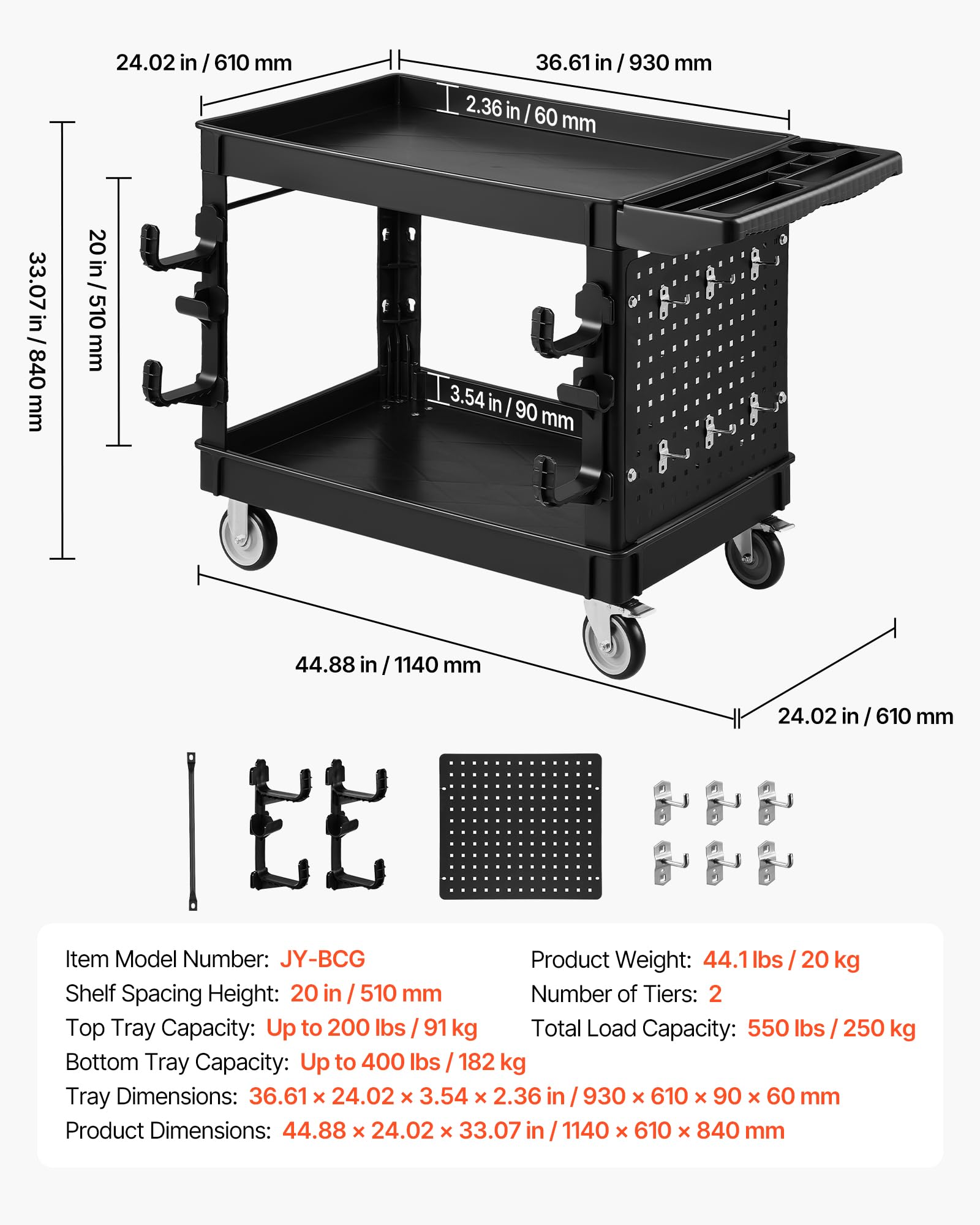 VEVOR Carrello di Servizio Portata 250 kg 2 Ripiani Ruote Girevoli a 360°, Carrello Officina, Ruote Fisse con Freno, Struttura in Plastica Resistente con Vassoio e Pannello Forato, per Garage, Nero