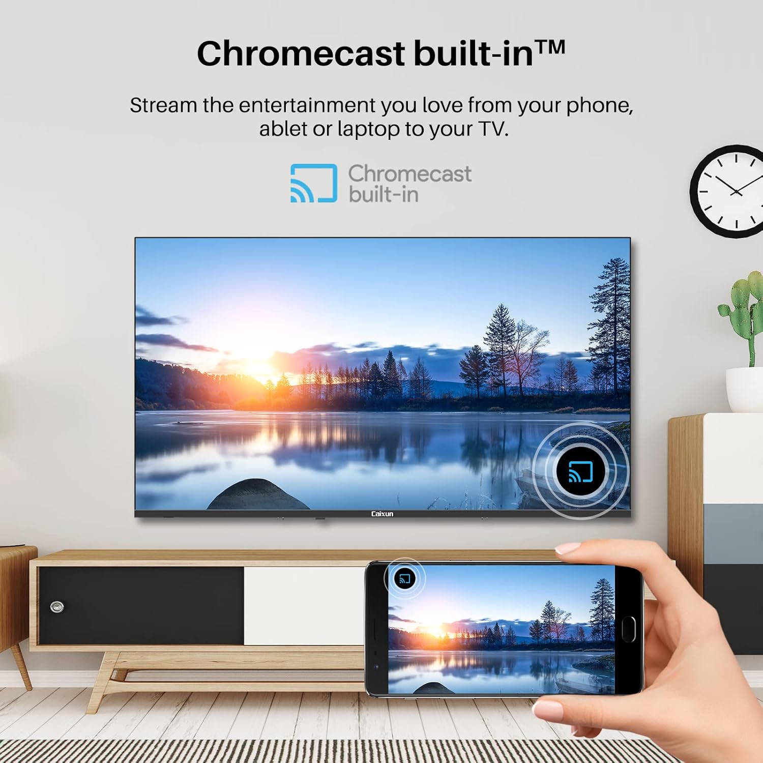 Image showing a smartphone casting content to the TV screen, with the Chromecast built-in logo.