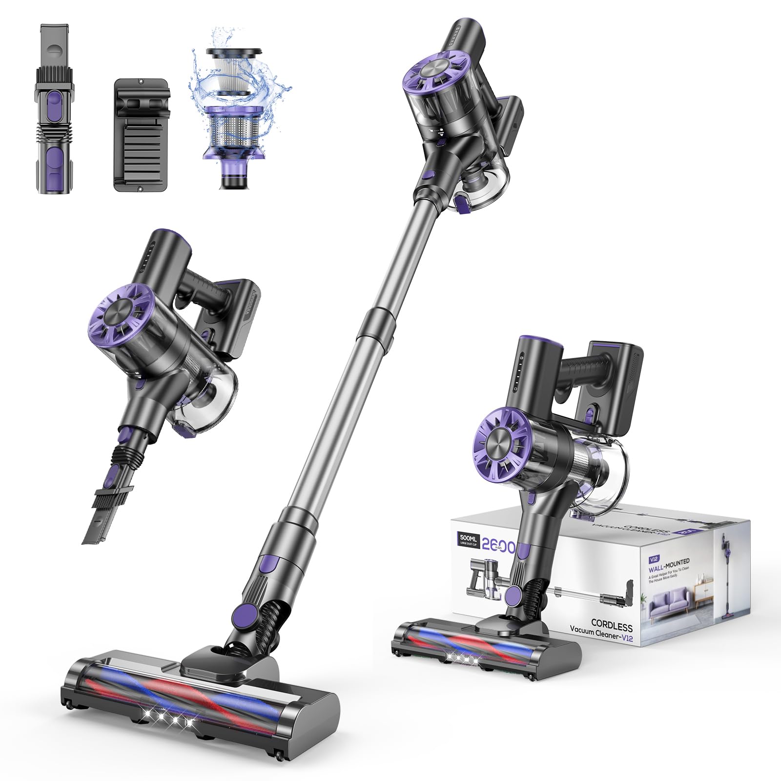 Cordless Vacuum Cleaner for Home, 80,000PRM Powerful 4 in 1 Lightweight Stick Vacuum with 2 Adjustable Suctions, Max 40 Mins Runtime, 2600mAh Rechargeable Vacuums (Deep Purple)