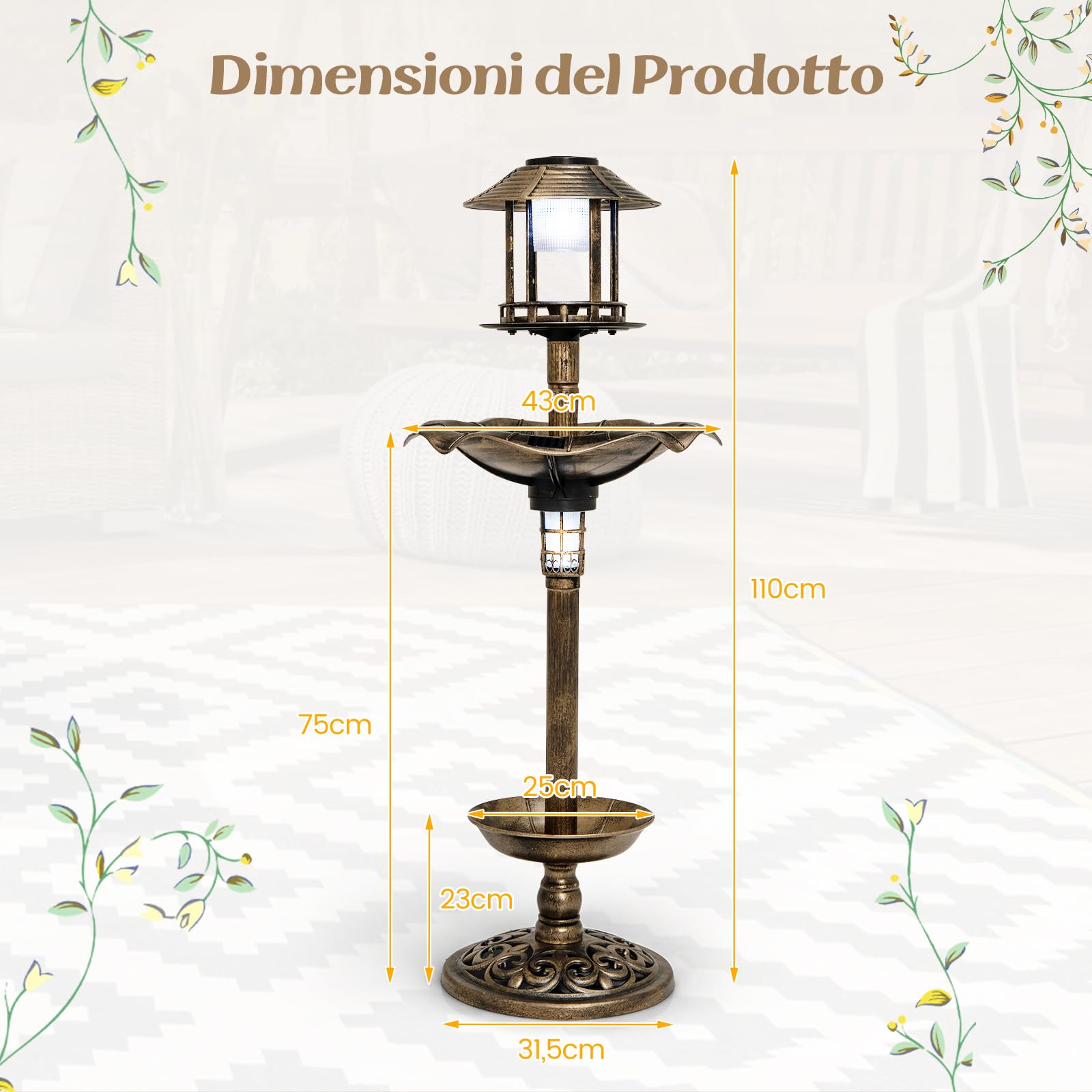 GYMAX Mangiatoia Fontana Solare per Uccelli, Vasca per Uccelli da Giardino con Lampade Solari, Fioriera, Supporto Riempibile, 3 Chiodi, Decorazione Luminosa all'Aperto, Giardino, Cortile (Bronzo)