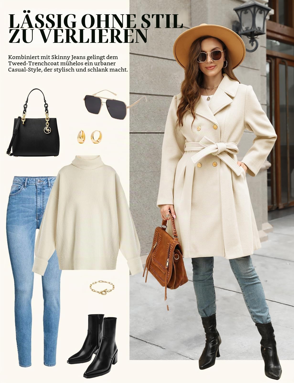 Wollmantel Damen Winter Mantel Revers Zweireihiger Wintercoat A-linie Winterjacke Knielang Trenchcoat Elegant Wintermantel Lang Jacke Outwear