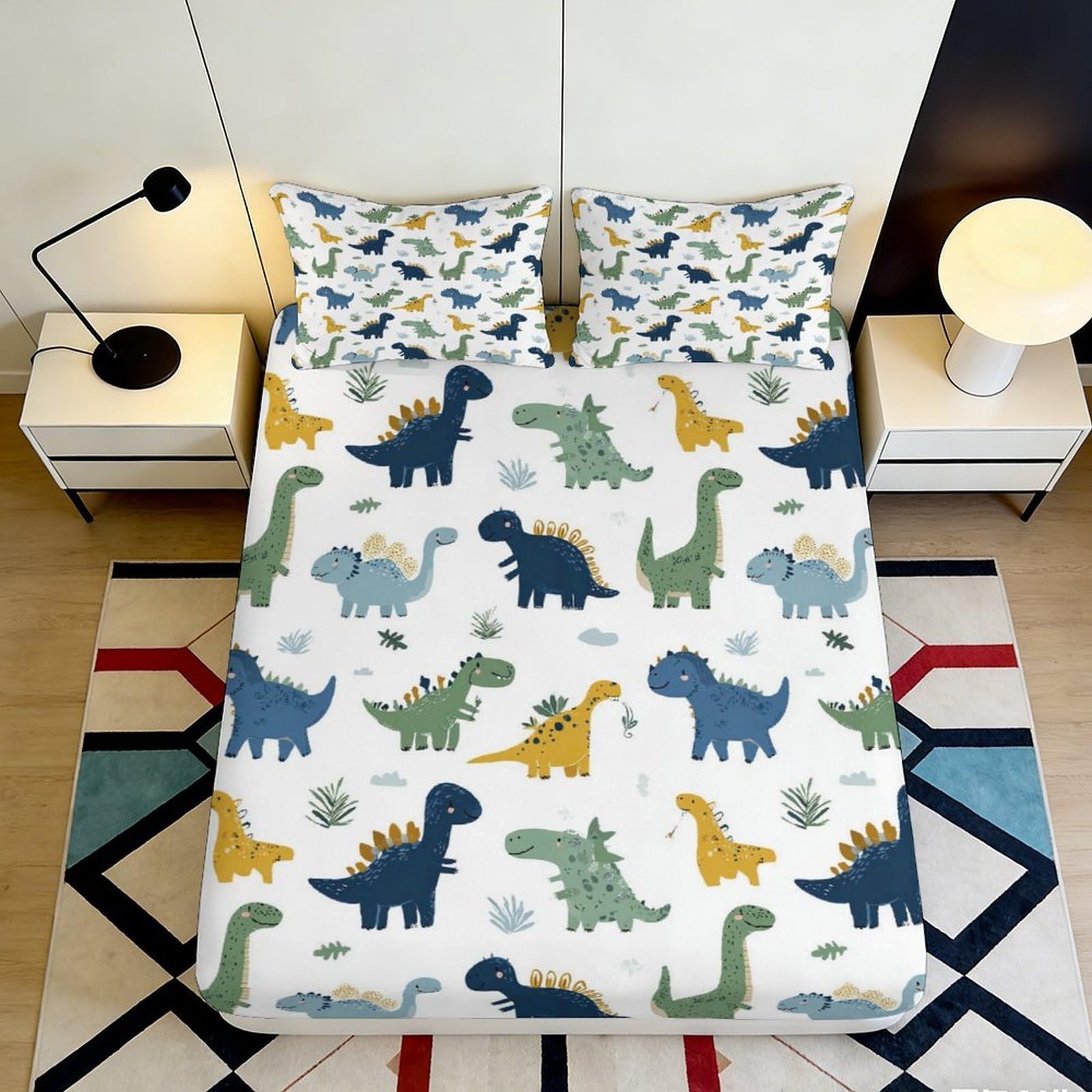 3D Printed Cartoon Dinosaur Fitted Sheet Microfiber Non-Slip Deep Pocket Bedding Set Dinosaur Mattress Fitted Cover for All Ages Bedroom 140x200x25cm