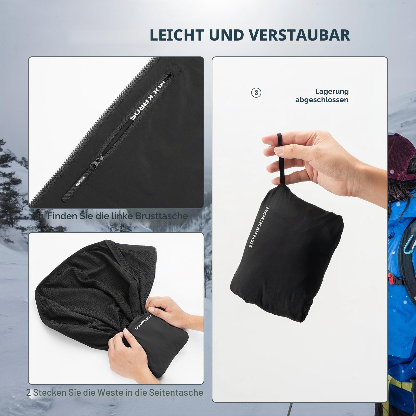 ROCKBROS Fahrradweste Herren Warm Winddicht Atmungsaktive Fahrrad Weste Mit Thermofleece Futter Reflektierend Taschen Faltbar Für Radfahren MTB Laufen Joggen Outdoor Schwarz