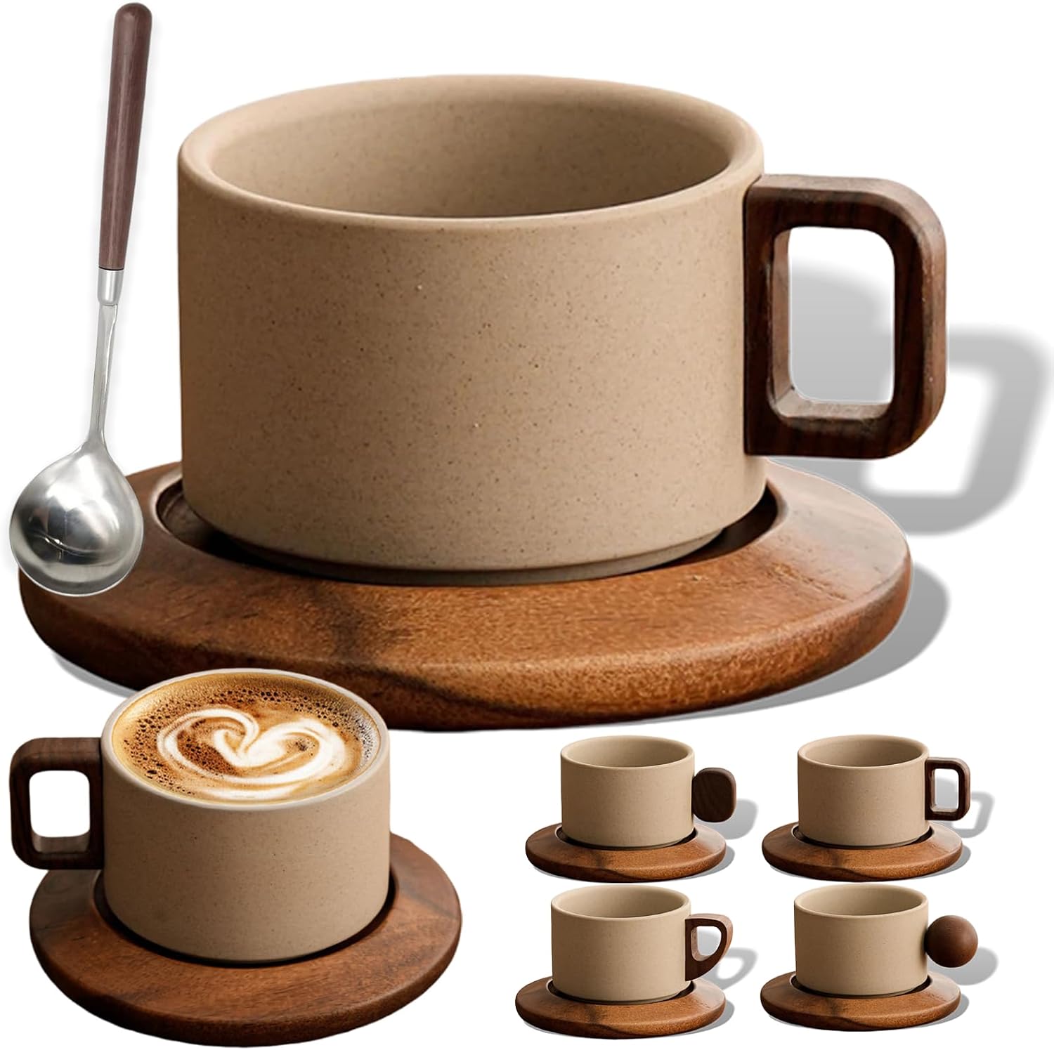 Stoneware Mug Set for Pour Over Geometric Handle, Ceramic Coffee Mug Set with Wooden Coaster, Calm Home & Office Drinkware, Rustic Terracotta,A SET