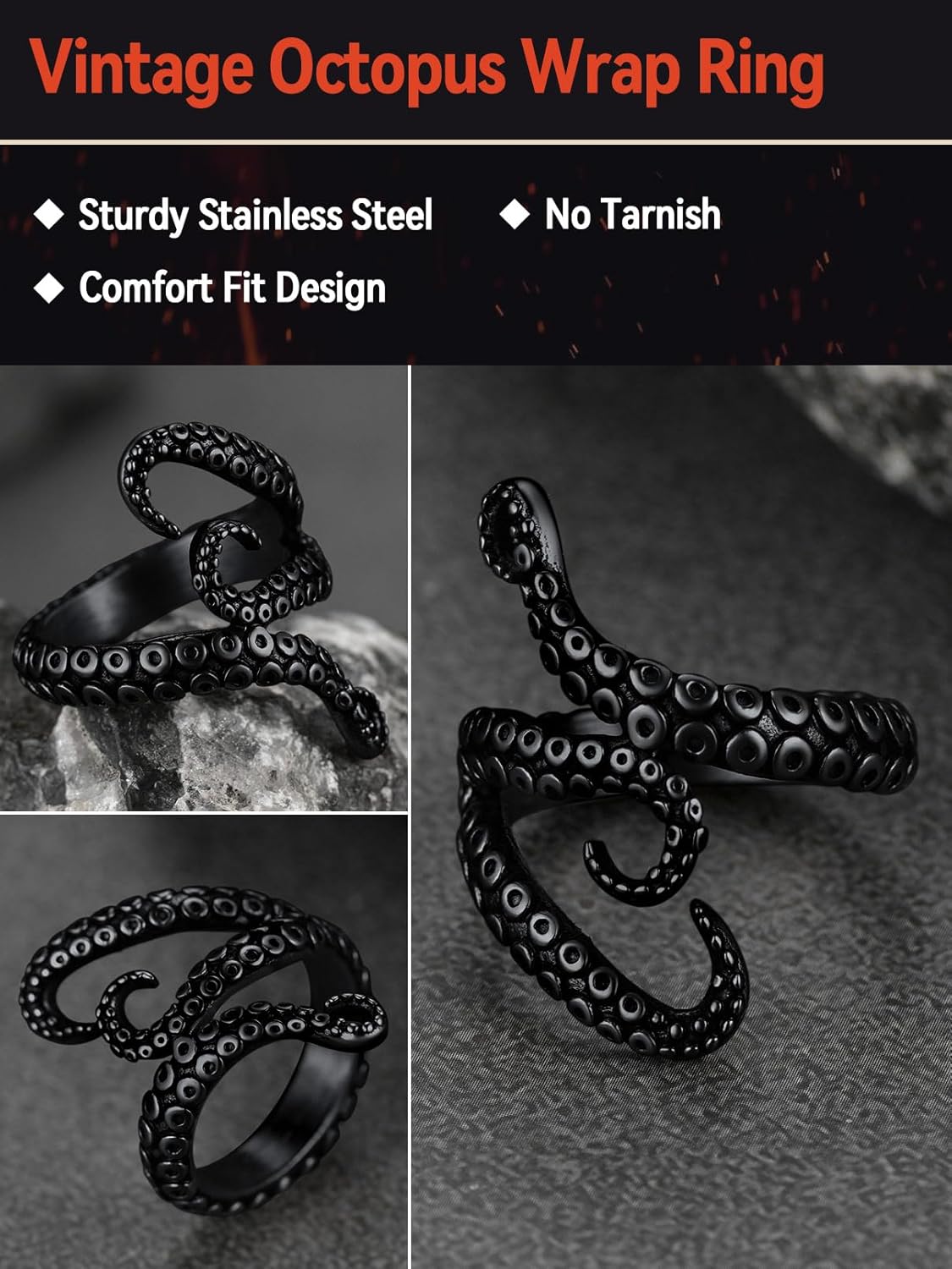 FaithHeart Punk Animals Rings for Men, Gothic Viking Raven/Octopus Stainless Steel Ring Cool Statement Rings with Gift Box