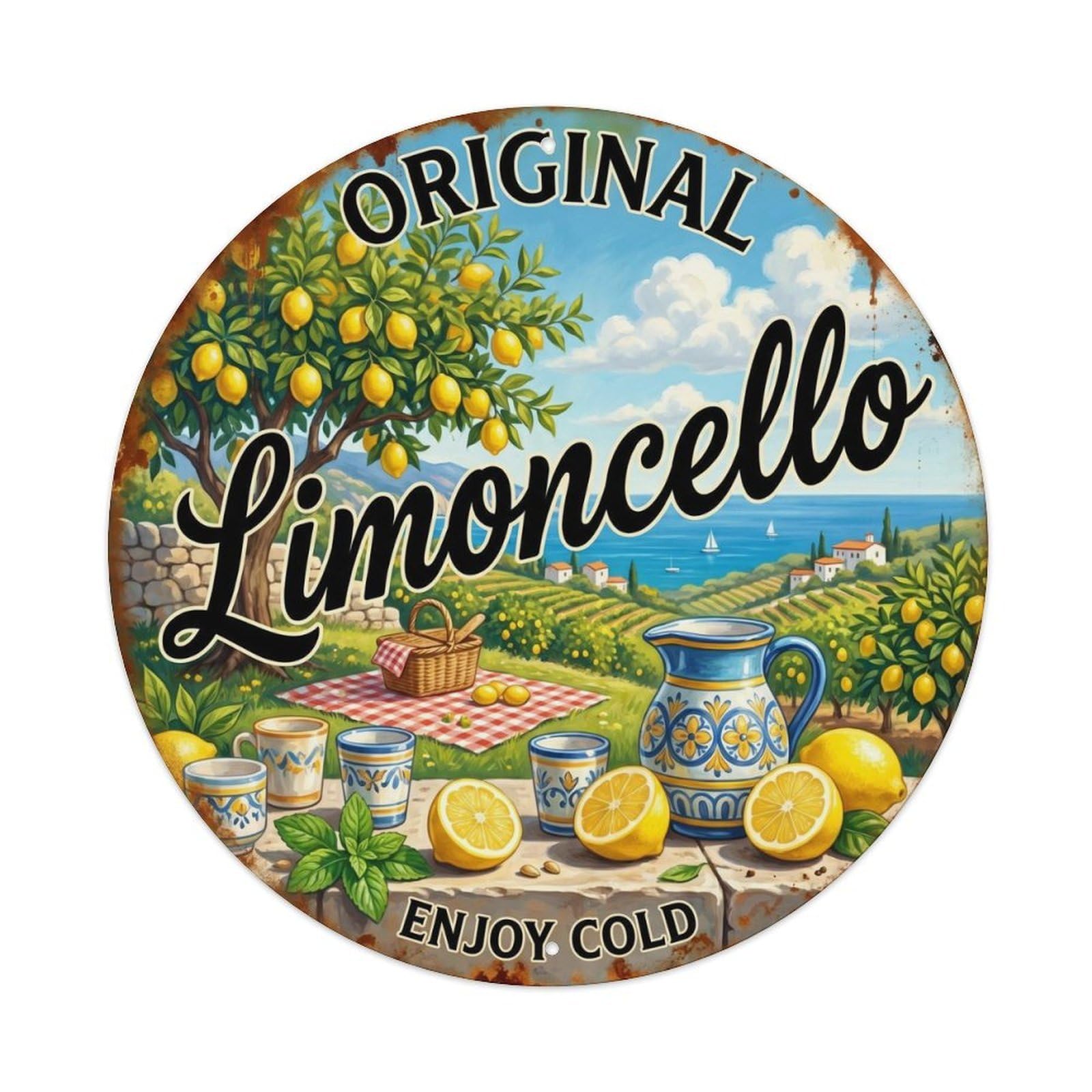 Fqcyn Style Classic Limoncello Liqueur Metal Tin Sign Plaque Wall Decor For Cafe, Club Bar, Office, Home Garden Round Metal Poster 8X8inch