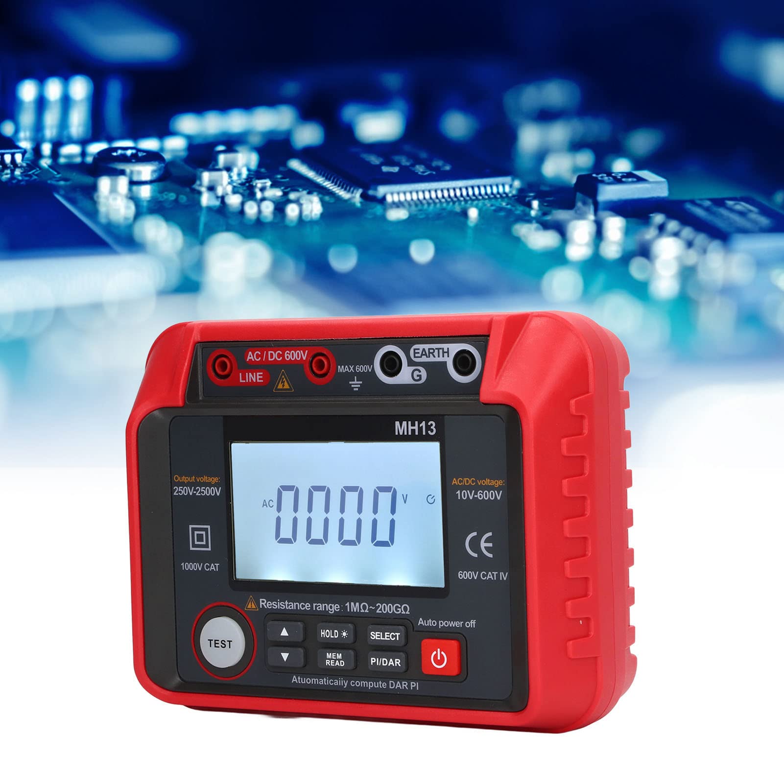 Hyuduo Miernik Rezystancji Izolacji, Korpus z Czerwonego ABS, Dokładny Tester Rezystancji z Wyjściem Wysokiego Napięcia dla Elektryków i Techników, Mierzący od 1M Ω do 40G Ω