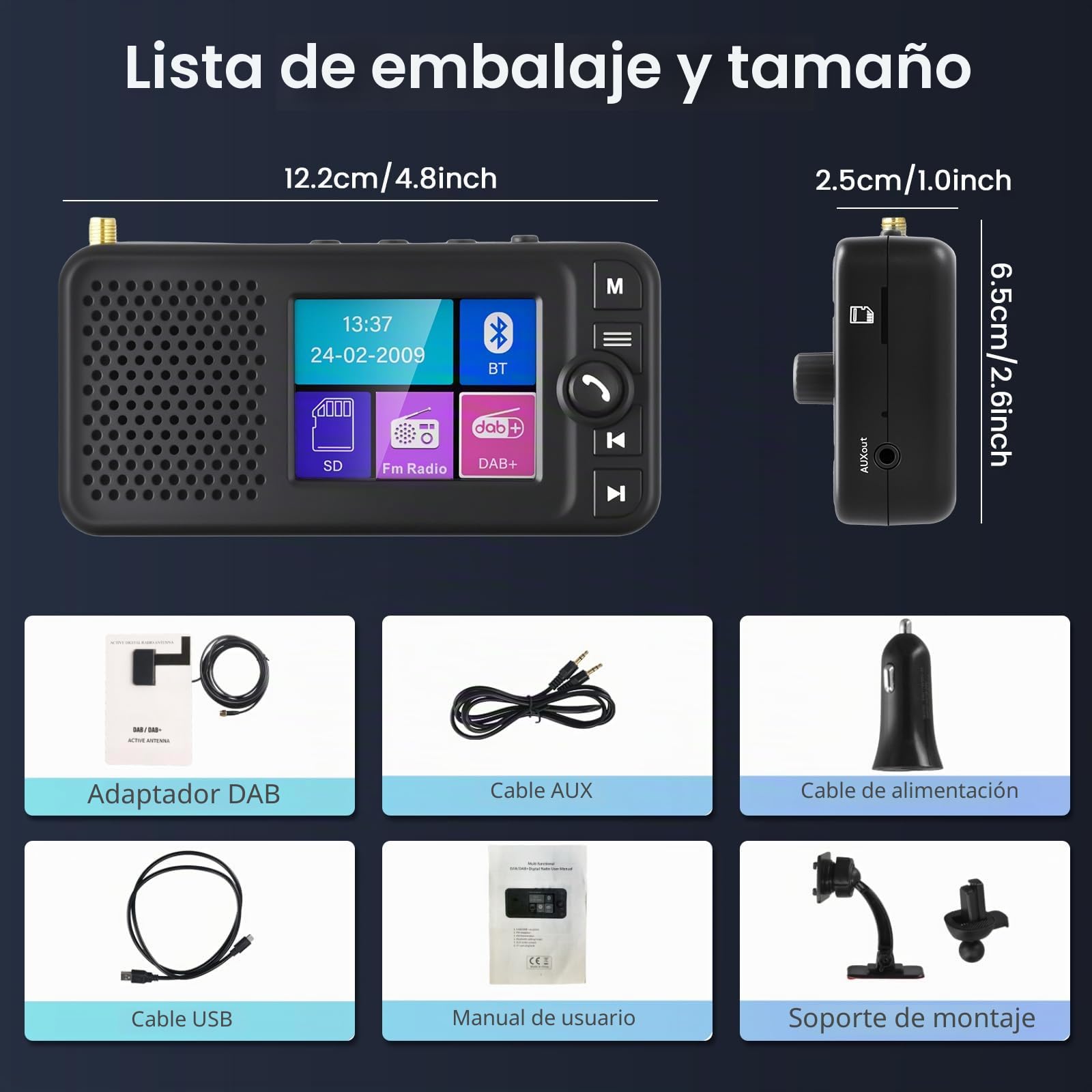 Hikity Adaptador Dab+ Radio Coche 2,4" LCD BT FM Cargador | Transmisor DAB/FM. Bluetooth para Música. Entrada/Salida Auxiliar