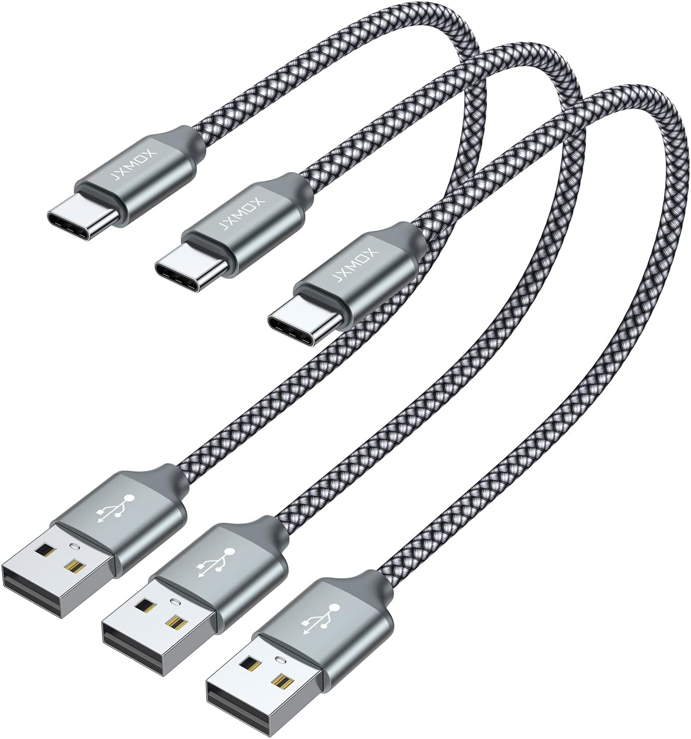 JXMOX Short USB C Cable (1ft 3-Pack), USB A to Type-C Charger Cord 3.1A Fast Charging Compatible with iPhone 15 16 Pro Max, Samsung Galaxy S22 S21 S20 S10 S9, Note 20 10,A80 A70 A50,Power Bank (Grey)