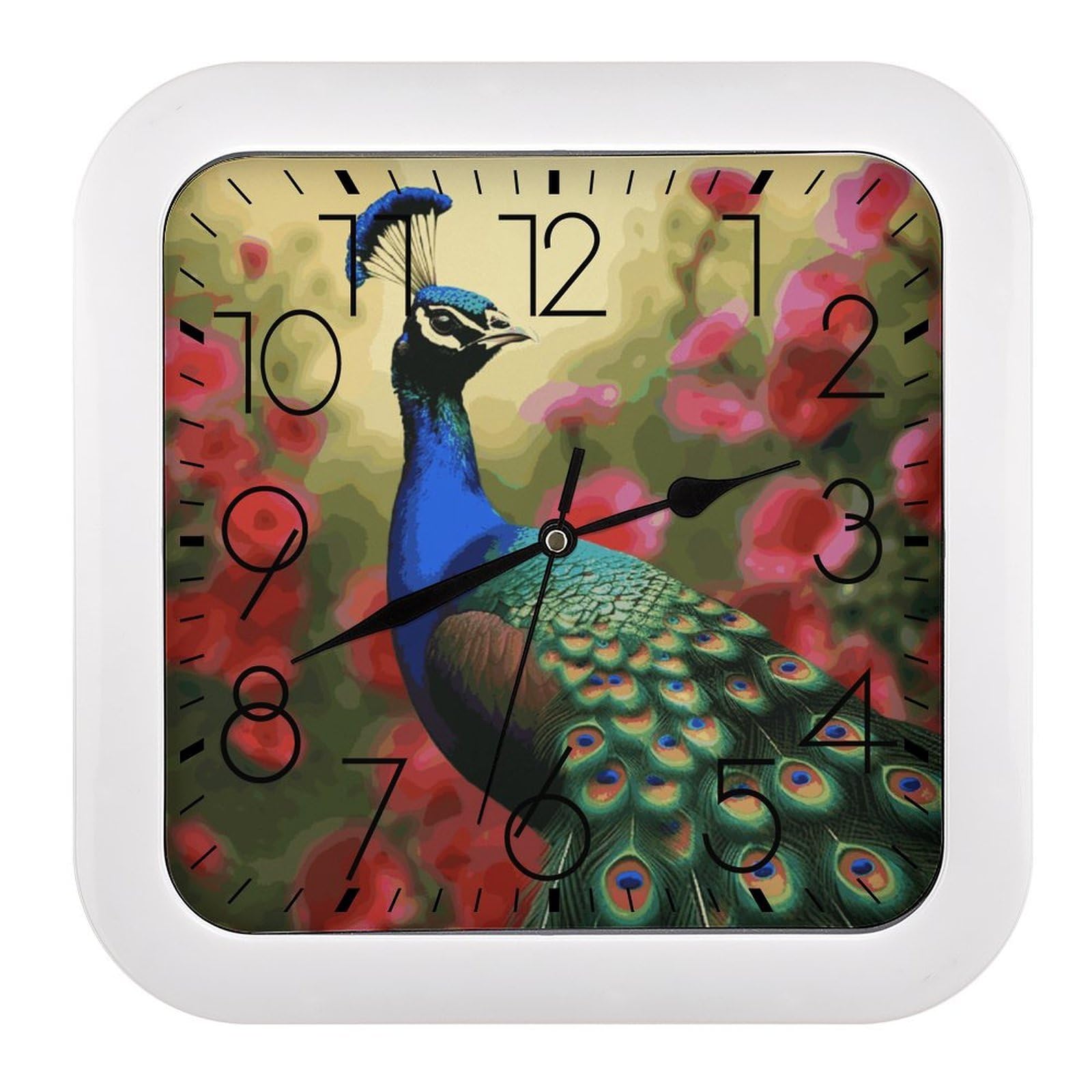 LDGSUPH Peacock Flowers Wall Clock Silent Non-Ticking Modern Clock Personalized Vintage Square Clocks for Travel Office Kitchen Home Decorative Clocks 10.2 Inch