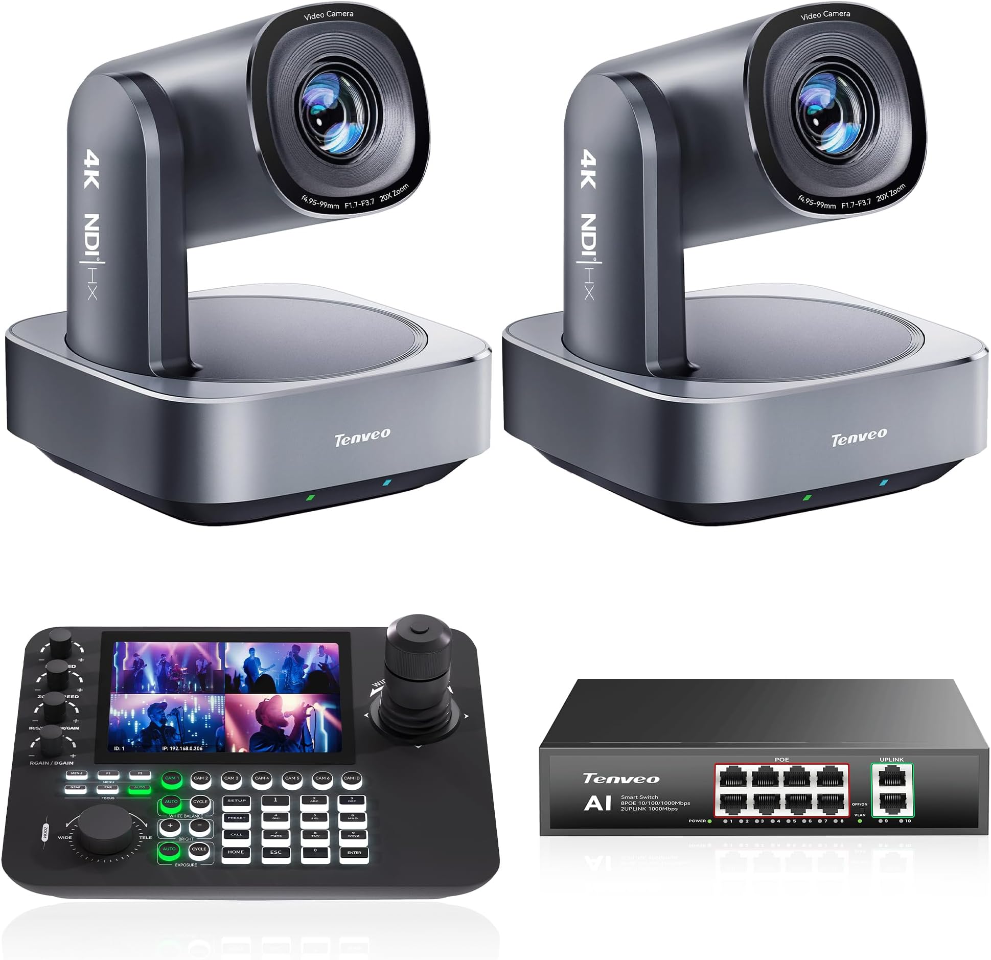 4K NDI PTZ Camera Bundle/Kit - 2-Pack 20X Optical + 8X Digital Zoom AI Cameras (LAN/HDMI/USB3.0), 7-inch Quad-Screen NDI Joystick Controller, and 8-Port PoE Switch