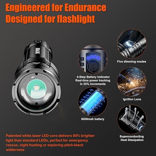 Miniatura 7 de SKYFIRE Linternas LED de alto lúmenes con lente de encendido, luz de flash recargable súper brillante zoomable, 5 modos, impermeable, portátil,