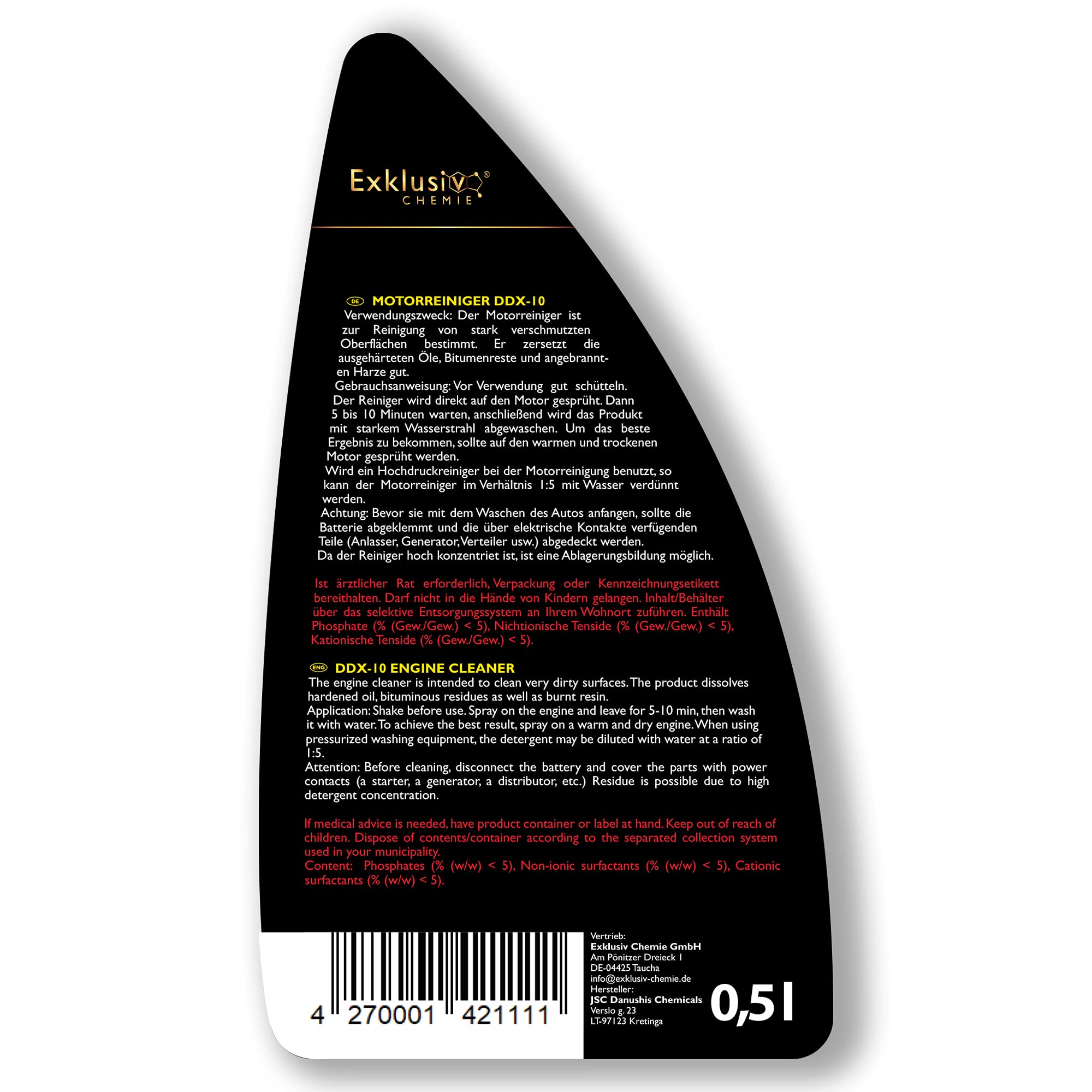 Exklusiv Chemie® detergente per motori | Dissolve sporco, olio, resina | Elimina il catrame | Pulitore a freddo motore | Pulitore motore | Detergente per parti | Sgrassante | 500 ml